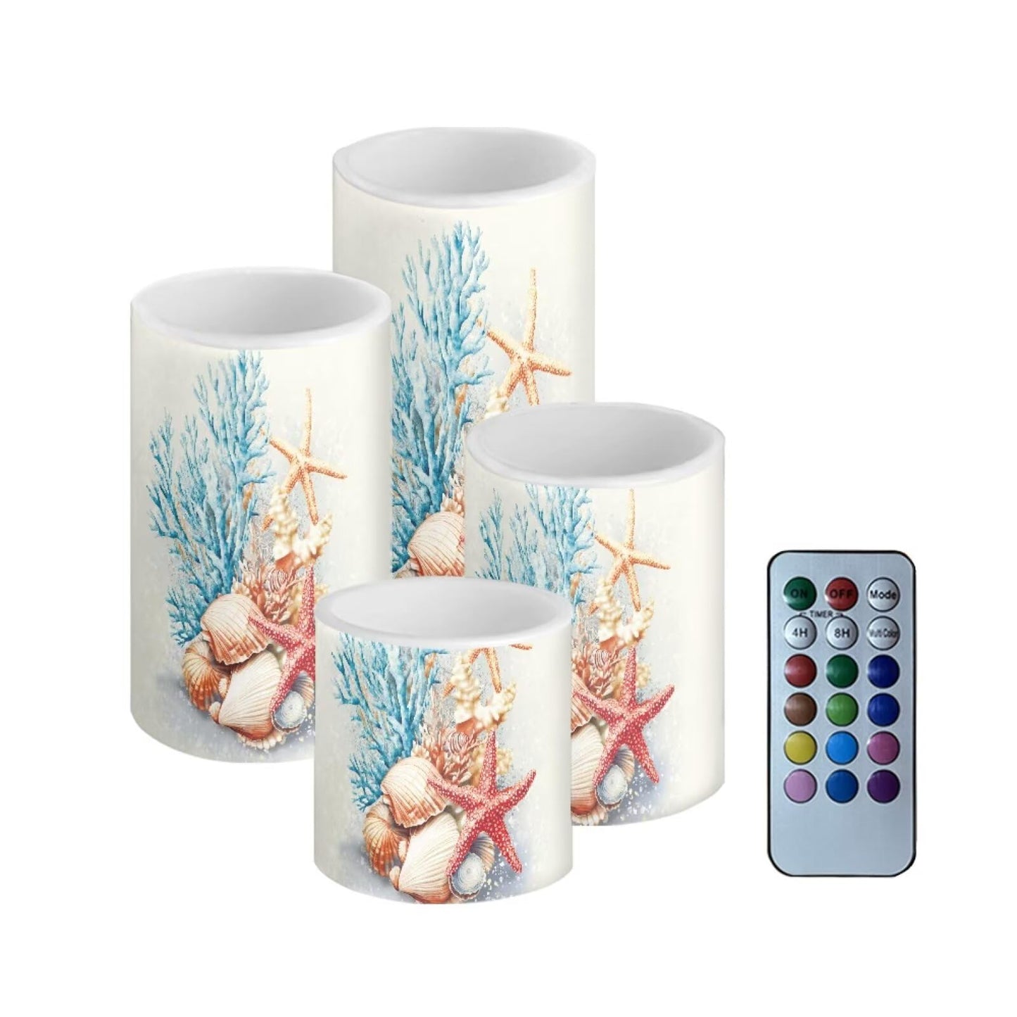 NETILGEN Flameless Candles with Remote Timer Starfish Seashell Blue Coral Print Battery Operated LED Flickering Pillar Candles for Home Party Decor