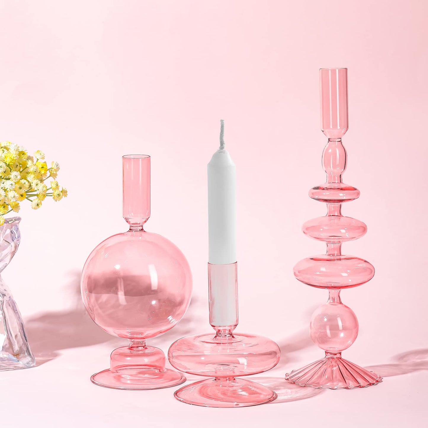 Rtteri 3 Pcs Glass Candlestick Holders Glass Candle Holders Groovy Wavy Elegant Taper Candle Stick for Wedding Home Birthday Party Easter St Patricks Day Decoration Windowsill Decor(Pink)