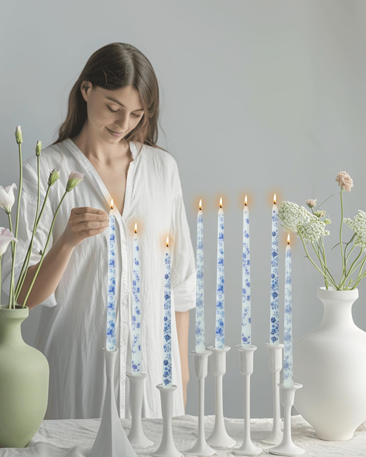 LPUSA 12inch Blue and White Porcelain Long Taper Candlesticks Chinoiserie Dripless Candle Decorations Unscented Taper Candles for Party Gift Home Decor-12 pcs