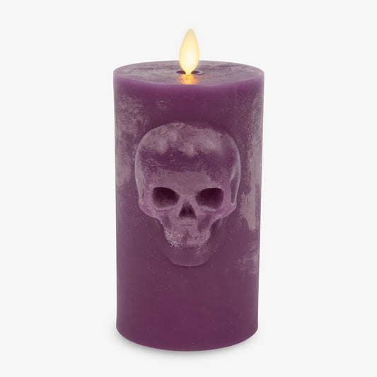 Luminara Chalky Skull LED Candle, Imperial Purple, Moving Flame, Gothic Halloween Decor, Battery Operated Flameless Unscented Wax Timer Indoor