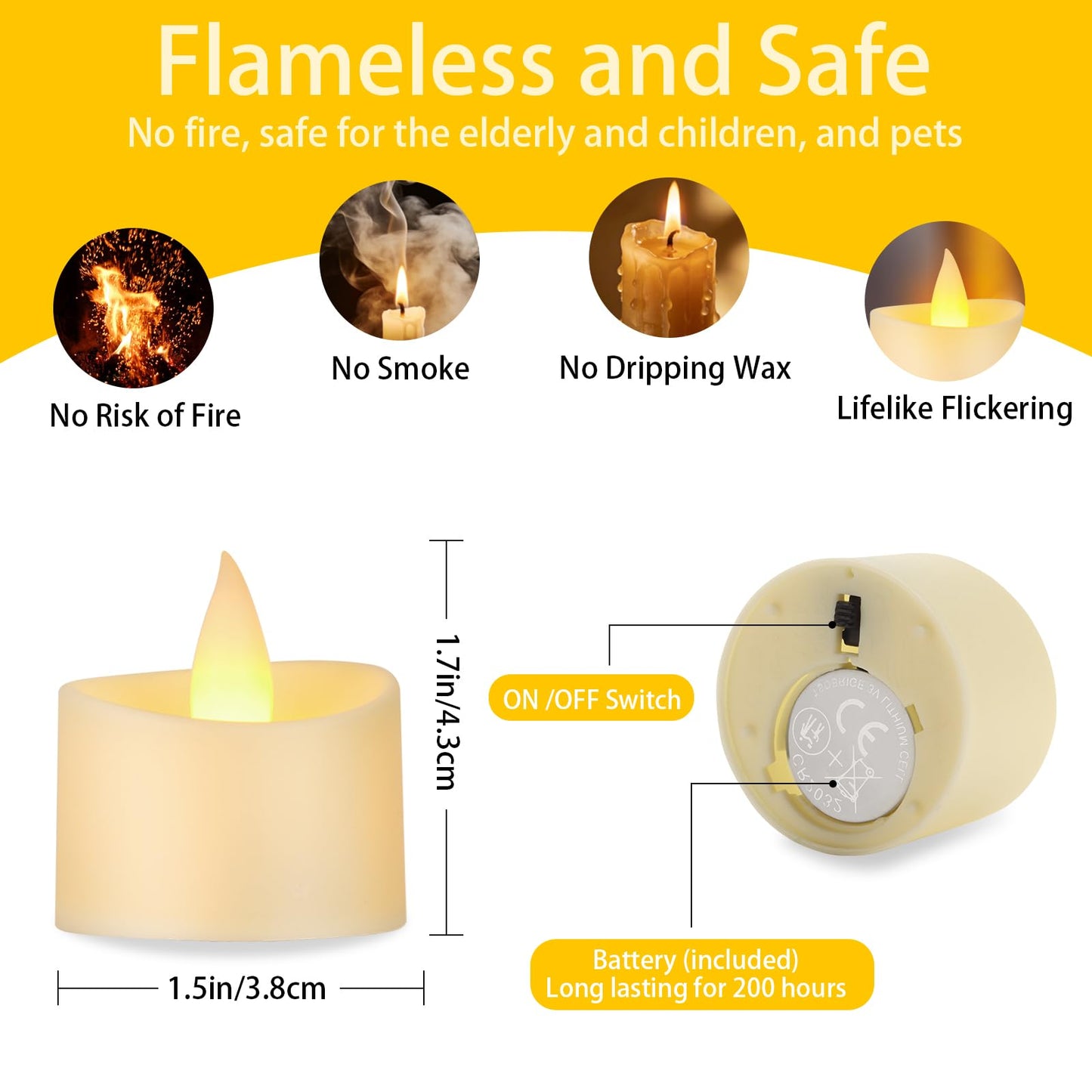 Dual-Flame Flickering Flameless LED Tealight Candles, Battery Operated Tea Lights with Realistic Warm Yellow Glow, 200+ Hour Long-Lasting Fake Candles for Home Wedding Votive Decor(Ivory, 12 Pack)