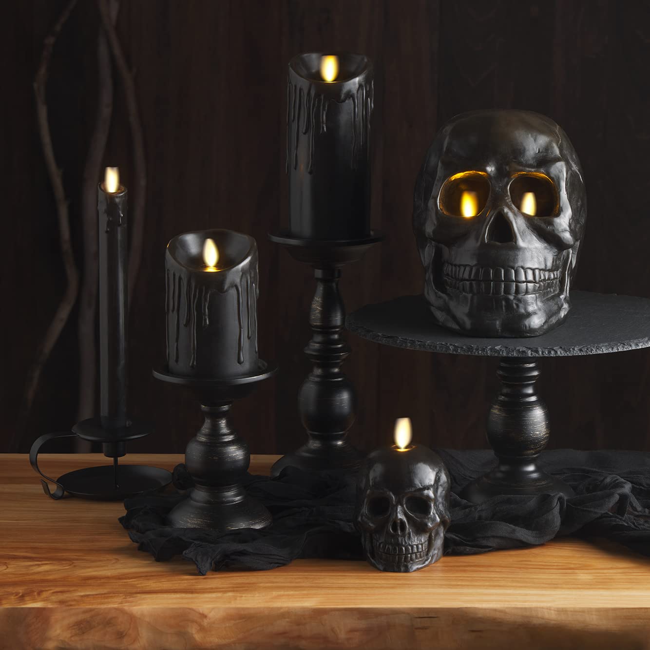 Luminara Black Single Wax Drip Flameless Candle Tapers (1 x 9.5 inch), Moving Flame LED Candle Unscented Real Wax with Dripped Top Timer Function, Table, Mantel, Holiday Decoration