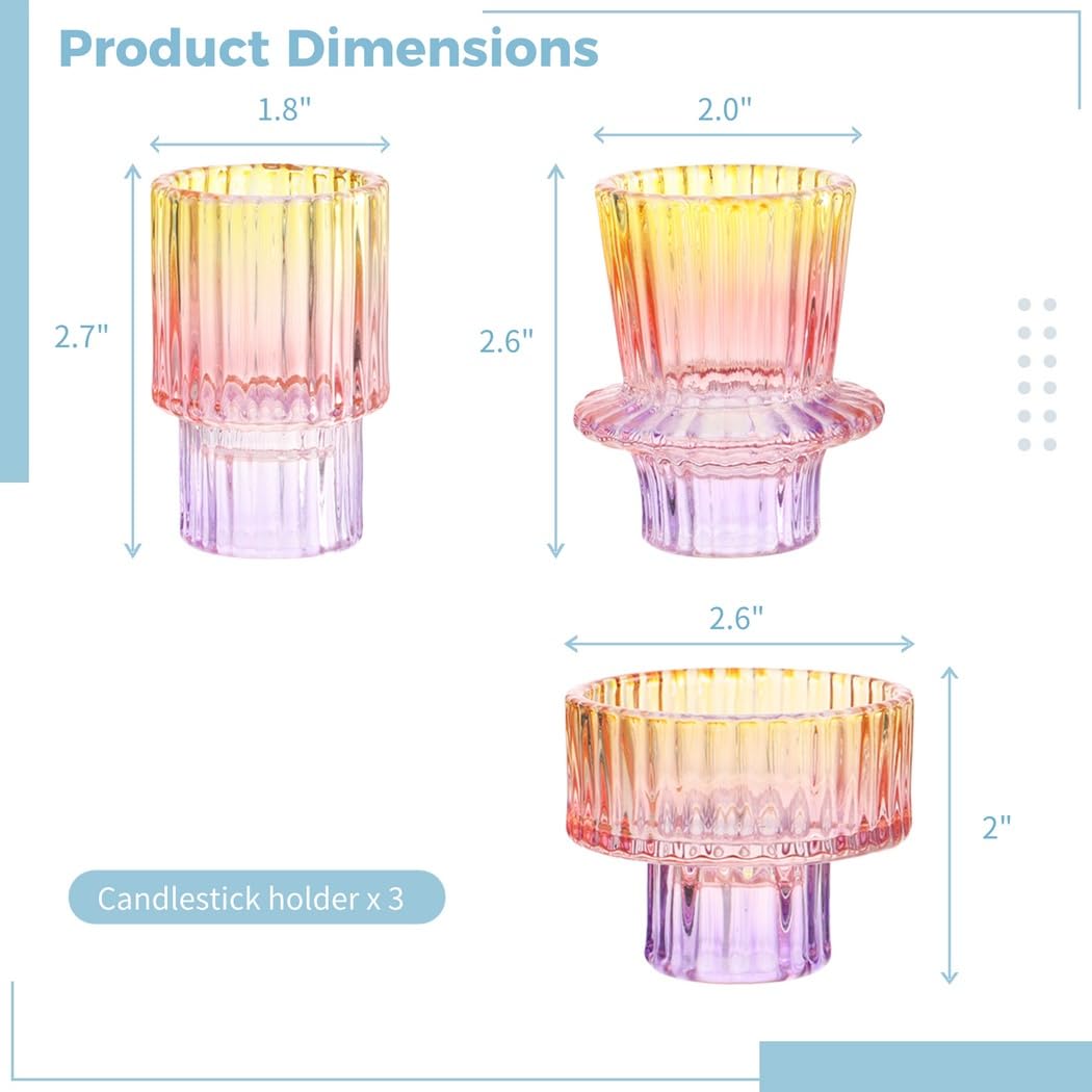 Set of 3 Colorful Glass Candlestick Holders for Taper, Tealight, and Pillar Candles – Perfect for Weddings, Parties, and Festivals
