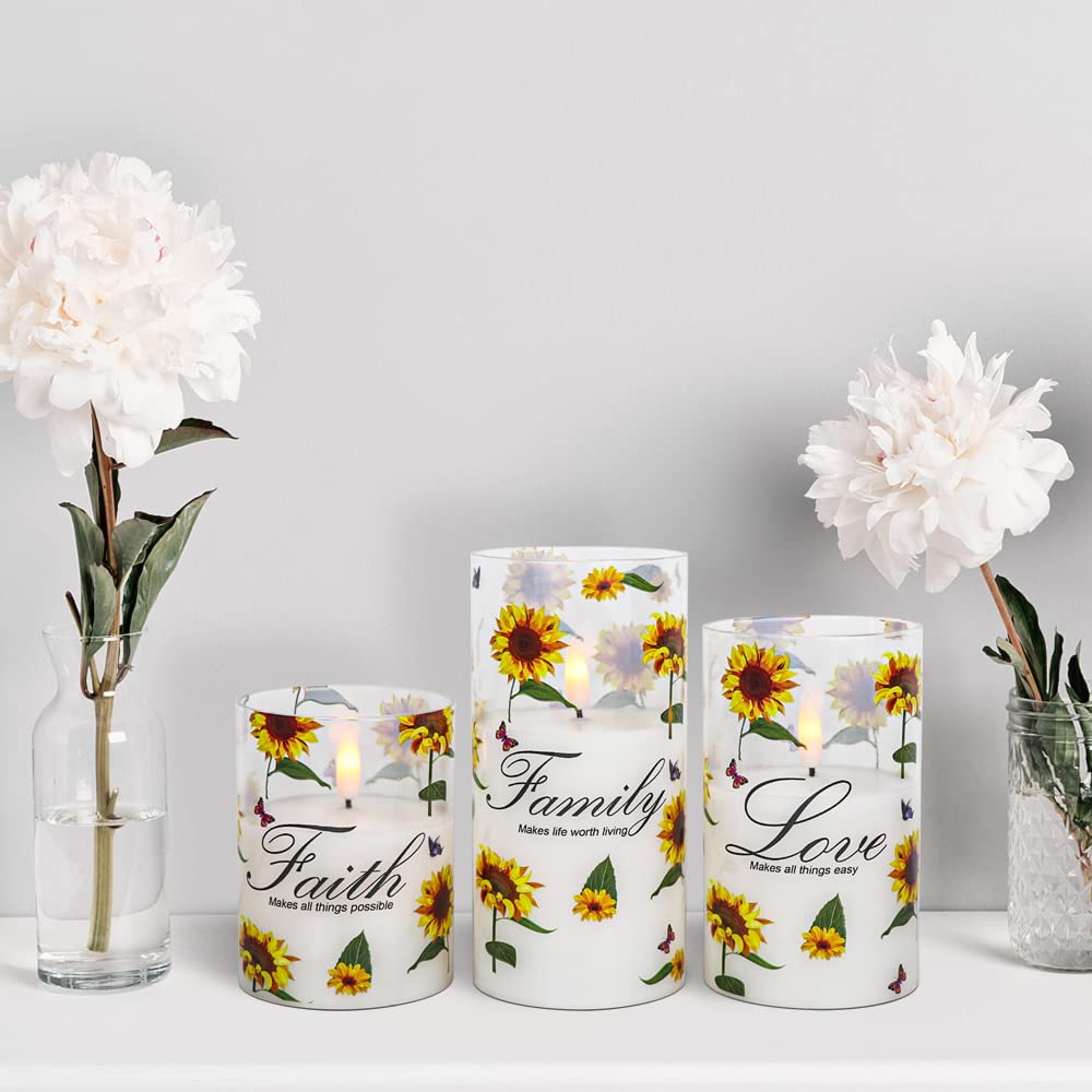 DRomance Sunflower Glass Flameless Candles with Remote Timer Battery Operated LED Pillar Candles Real Wax 3D Wick Flickering Warm Light Wedding Dinner Holiday Spring Candle 3 x 4,5,6 Inches