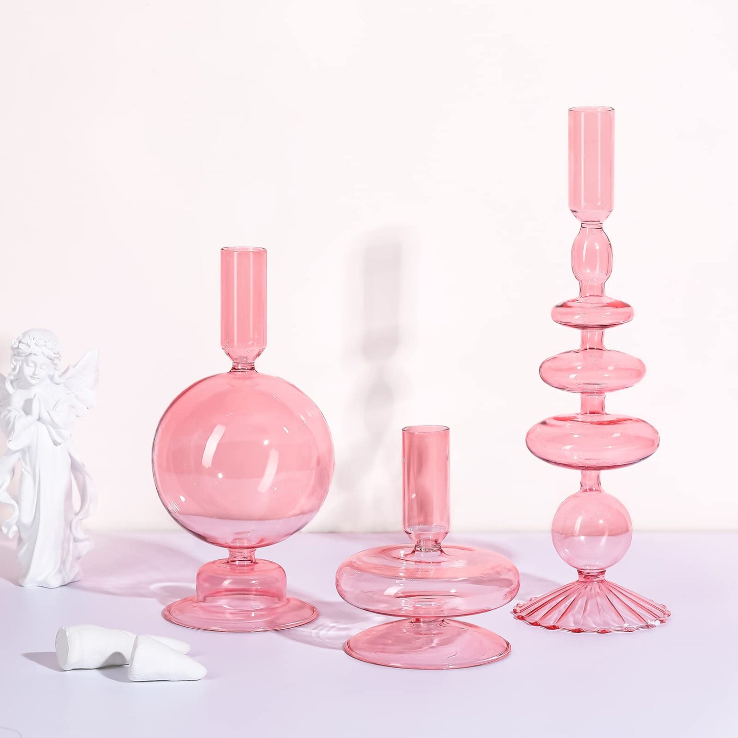 Rtteri 3 Pcs Glass Candlestick Holders Glass Candle Holders Groovy Wavy Elegant Taper Candle Stick for Wedding Home Birthday Party Easter St Patricks Day Decoration Windowsill Decor(Pink)