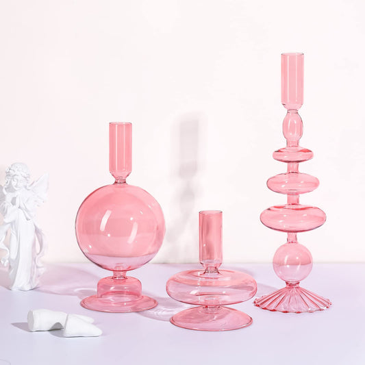Rtteri 3 Pcs Glass Candlestick Holders Glass Candle Holders Groovy Wavy Elegant Taper Candle Stick for Wedding Home Birthday Party Easter St Patricks Day Decoration Windowsill Decor(Pink)