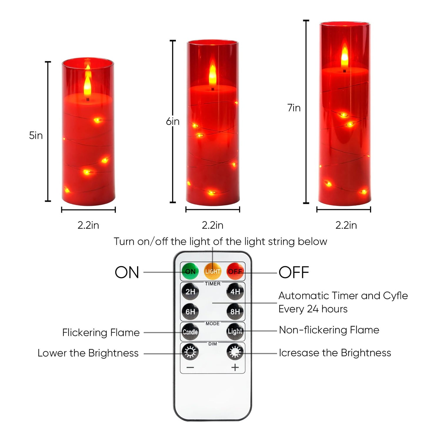 Homemory 12Pcs Flameless Candles with Star String Fairy Lights, Flickering Battery Operated Candles, LED Fake Candles with Remote and Timer, Christmas, Weddings, Home Decor, Red