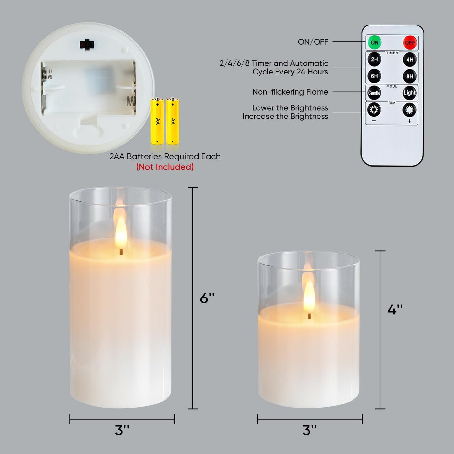 Amagic 3"x4"6" Clear Glass Flameless Candles Battery Operated with Timer, Remote Control, LED Pillar Candles, Battery Powered, Valentine's Day Decor, Pure White Wax, Set of 2