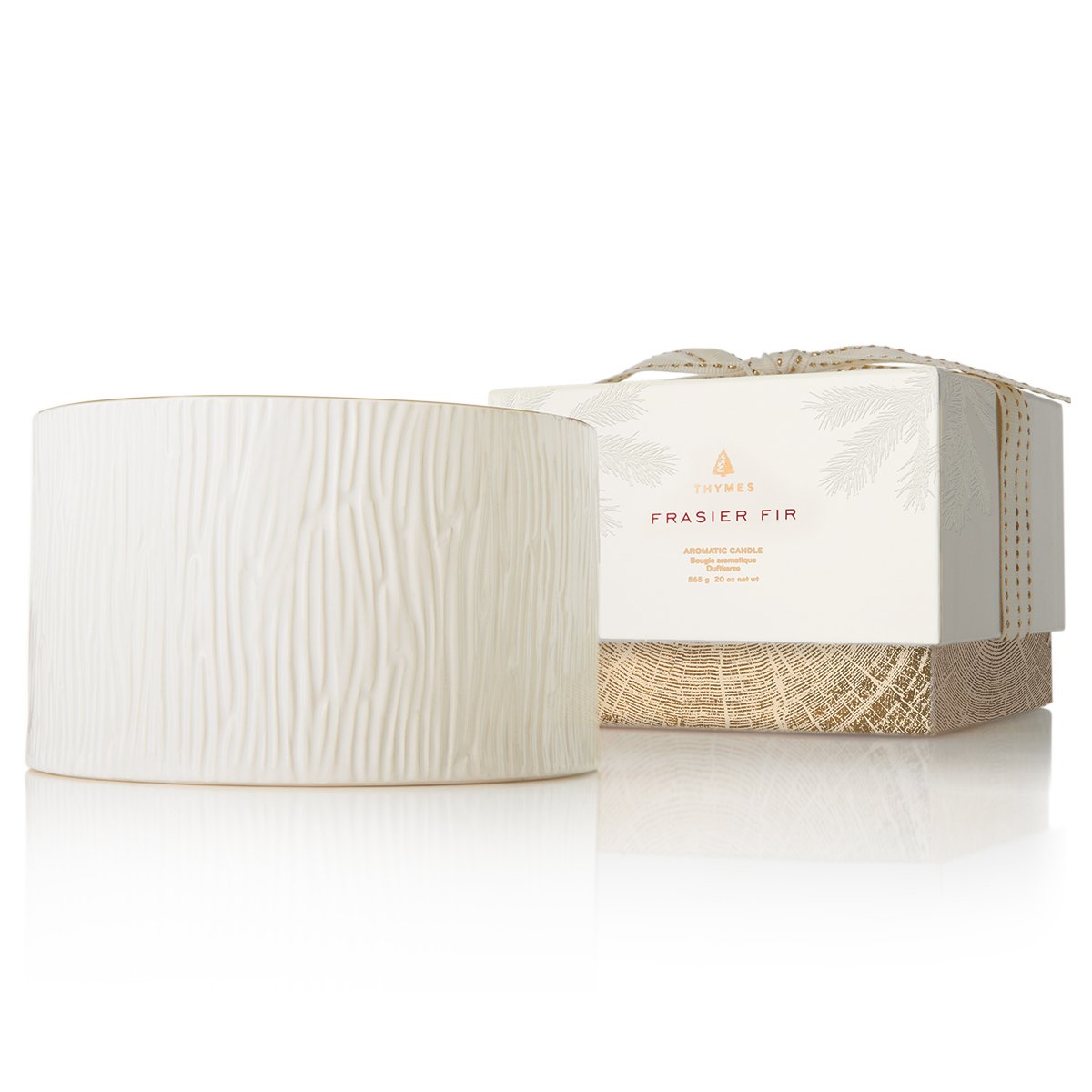 Thymes Frasier Fir Candle - Gilded Collection - Wood Grain Ceramic Design with 24-Karate Gold Rim - Mountain Fresh Fragrance - Elegant Winter Candle Scents - Gifts for Women & Men (3-Wick, 20 oz)