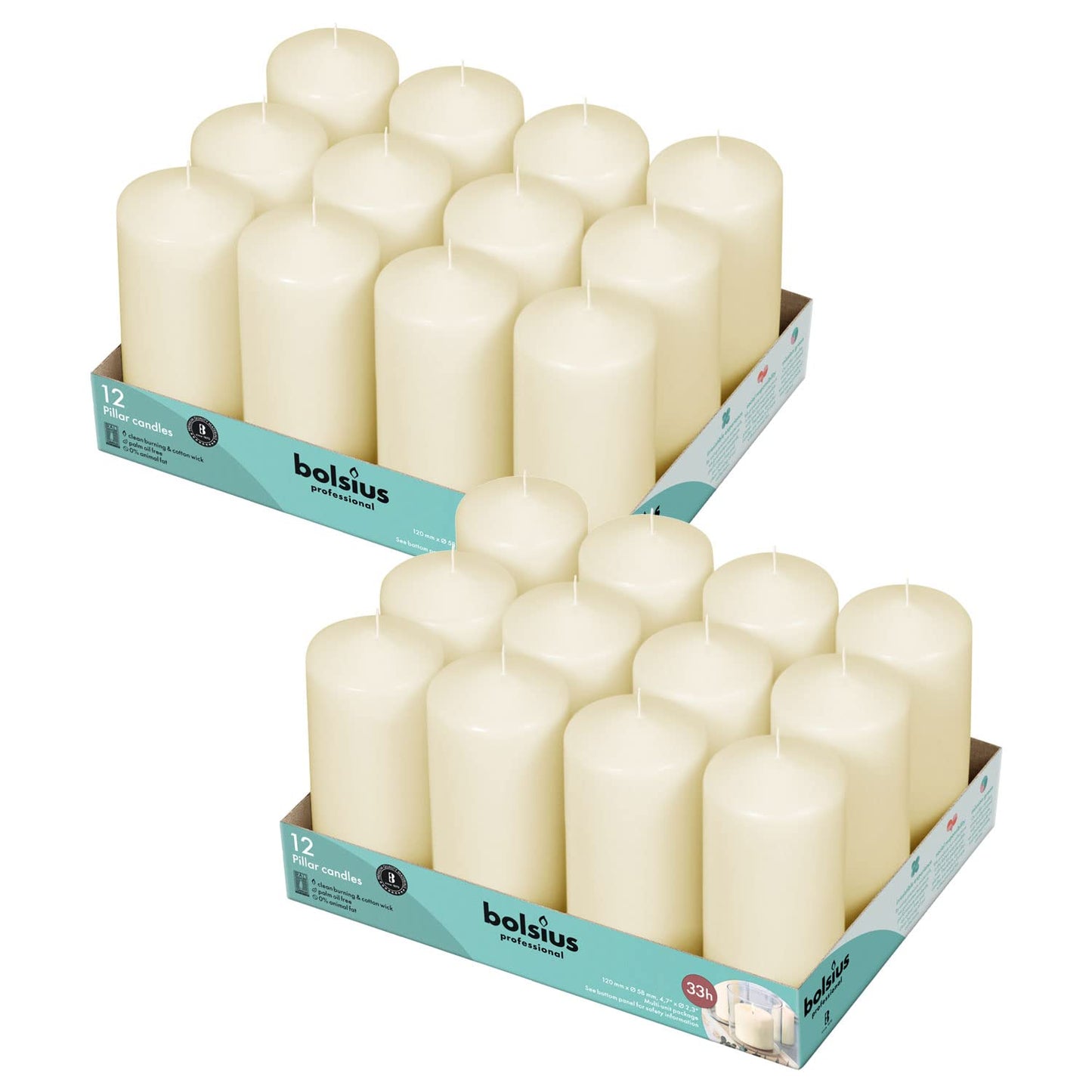 BOLSIUS Ivory Pillar Candles - 2.3 x 4.7 Inches - 2 Packs = Total 24 Candles - 33+ Hours - Premium European Quality - Consistent Smokeless Flame - Unscented Dripless Eco-Friendly Pillars