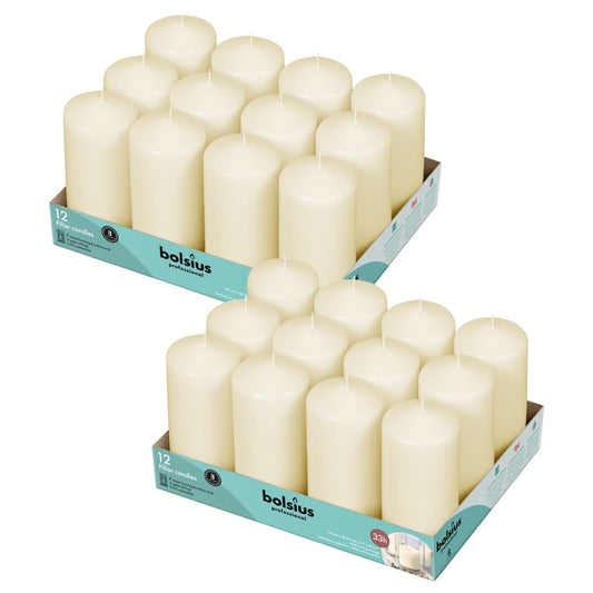BOLSIUS Ivory Pillar Candles - 2.3 x 4.7 Inches - 2 Packs = Total 24 Candles - 33+ Hours - Premium European Quality - Consistent Smokeless Flame - Unscented Dripless Eco-Friendly Pillars
