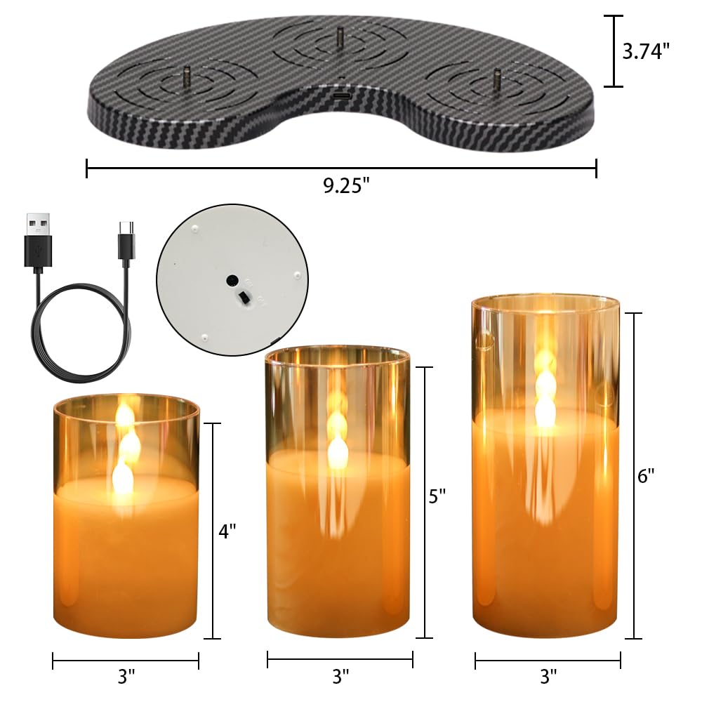 GenSwin Rechargeable Candles with Charging Station, Glass Battery Operated Flamless Candles with Remote Timer, LED Pillar Flickering Candle for Halloween Christmas Wedding Home Decor(Pack of 3, Gold)
