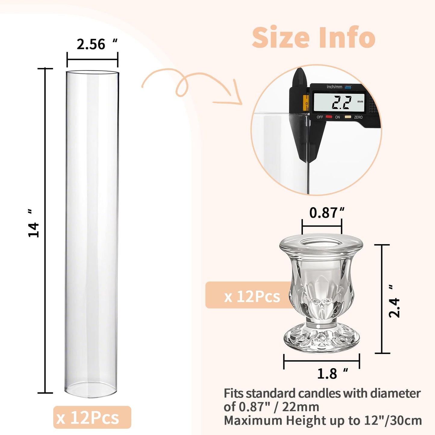 CHILL RECIPE Hurricane Glass Candle Holders-Set of 12 Tall Taper Candle Holder with 14” Tall Clear Cylinder Covers for Wedding Table Centerpiece Home Decor (Floral Base+Clear Chimney)