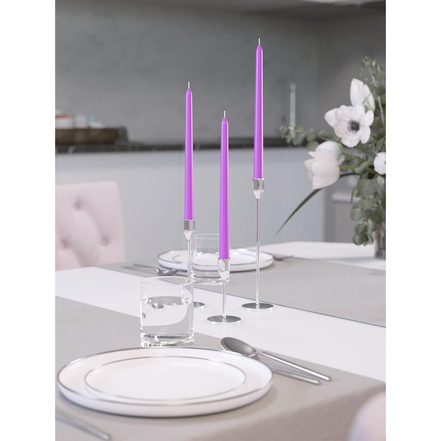 CANDWAX 12 inch Taper Lilac Candles Pack of 4 - Unscented Smokeless Dripless Tall Candlesticks - Perfect for Special Occasions, Ordinary Dinners, for Mother's Day - Lavender Candle Sticks