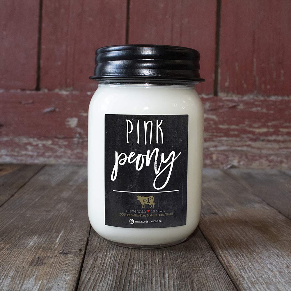Milkhouse Candle Company Pink Peony Soy Candle - Sugared Peony | Apricot Blossom | Powdered Woods Scented - 13 oz Mason Jar with Lid, 70+ Hour Burn Time, Made in the USA