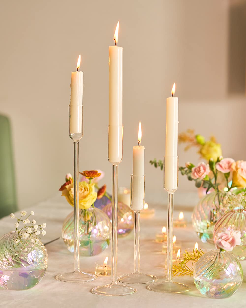 Willceka Candle Holder, Glass Taper Candle Tall Candlestick Holder, 4 Different Heights, for Table Centerpiece, Wedding, Party, Clear, 4pcs
