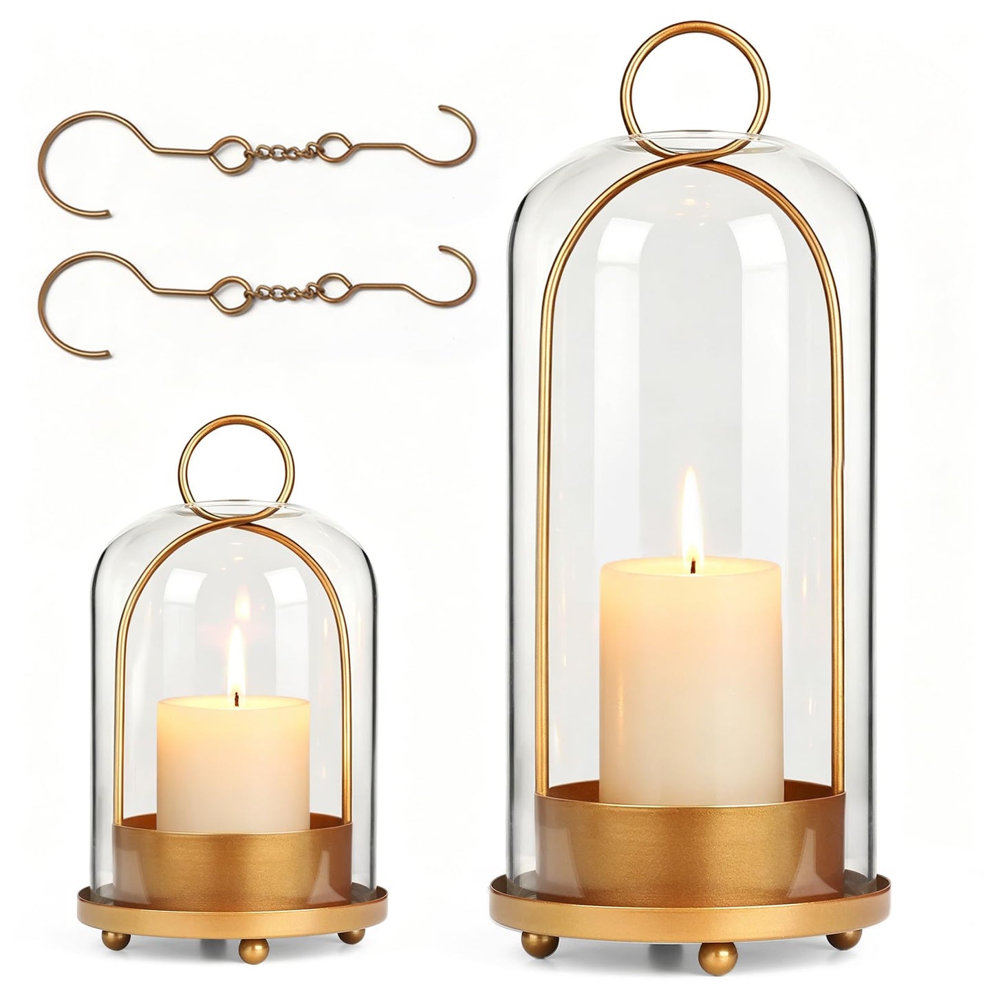 5"&4" Hurricane Glass Candle Holder Set - Metal Frame with Glass Chimney, Hanging Brass Metal Candle Holder, Pillar Candle Lantern for Wedding Party Holiday Dining Table Mantel Home Decor