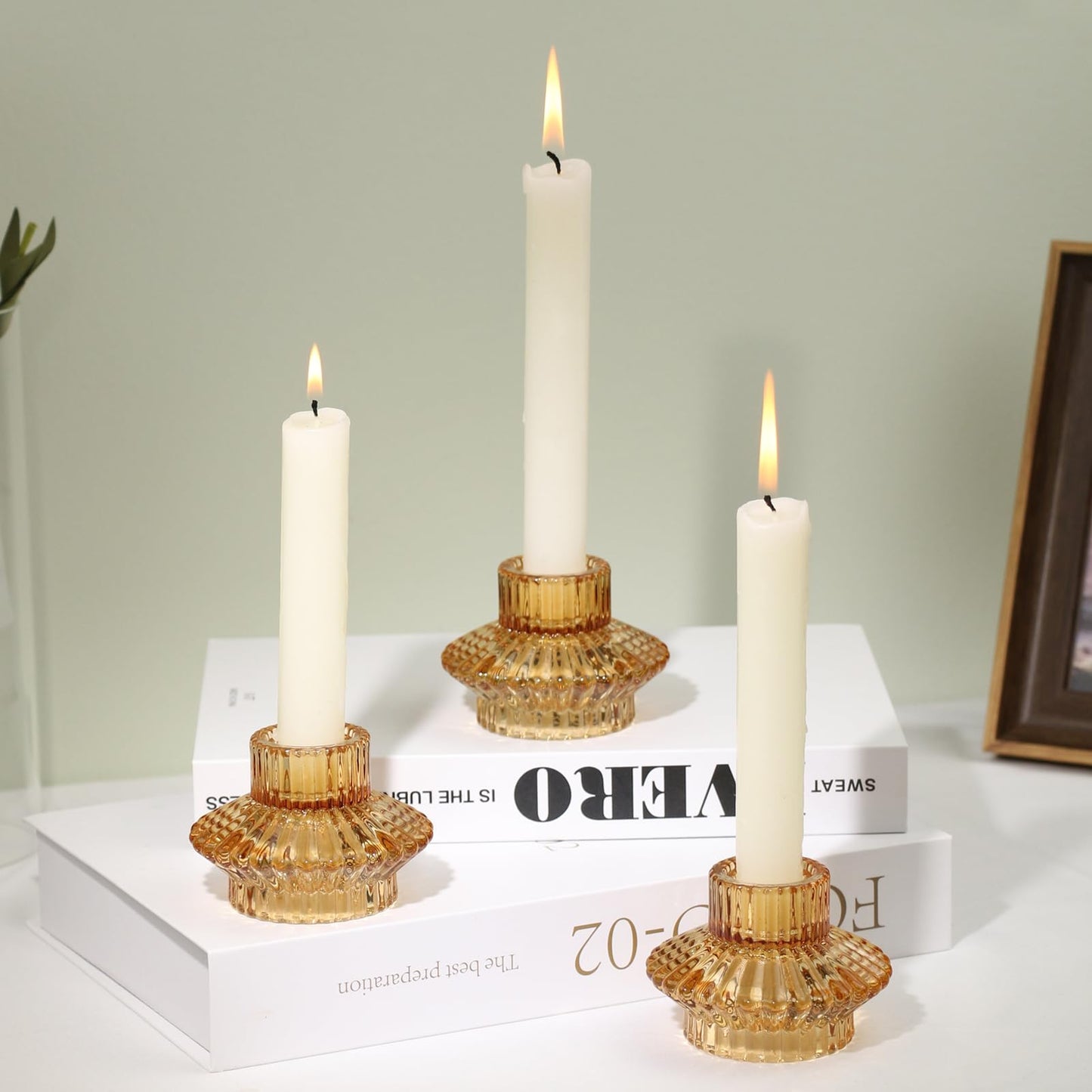 CHOCSTAY Reversible Candlestick Holders Set of 3, Amber Glass Taper and Tealight Candle Holders for Table Centerpiece, Wedding, Party, Home Decor