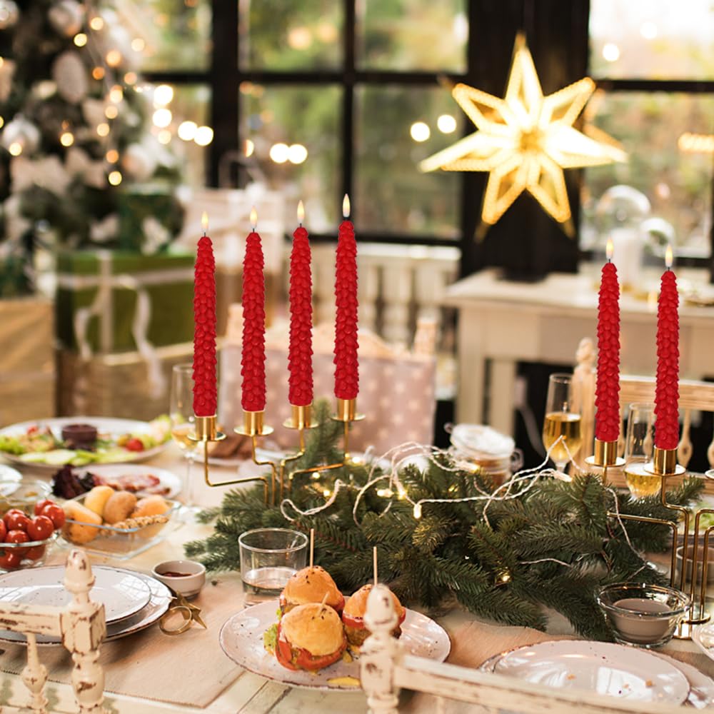 DRomance Christmas Tree Flameless Taper Candles Battery Operated with 10-Key Remote and Cycle Timer 4 Pack Real Wax 3D Wick Flickering LED Candlesticks Holiday Decor(Red, 0.79 x 9.9 Inch)