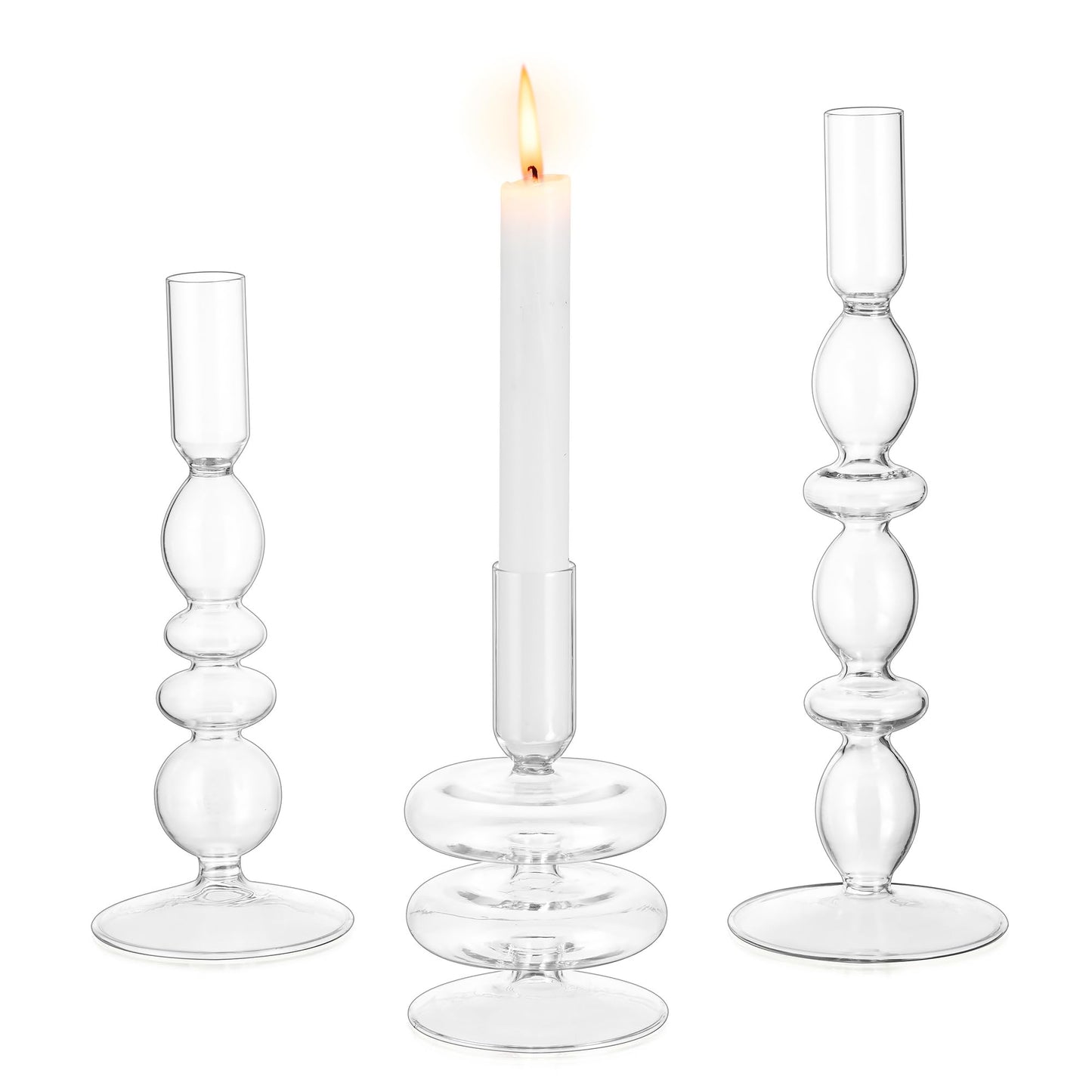 Glasseam Glass Candle Stick Holder: Clear Taper Candle Holders Set of 3, Modern Candlestick Holders for Taper Candles, Decorative Candle Holder for Table Centerpiece Wedding Party Christmas Decoration