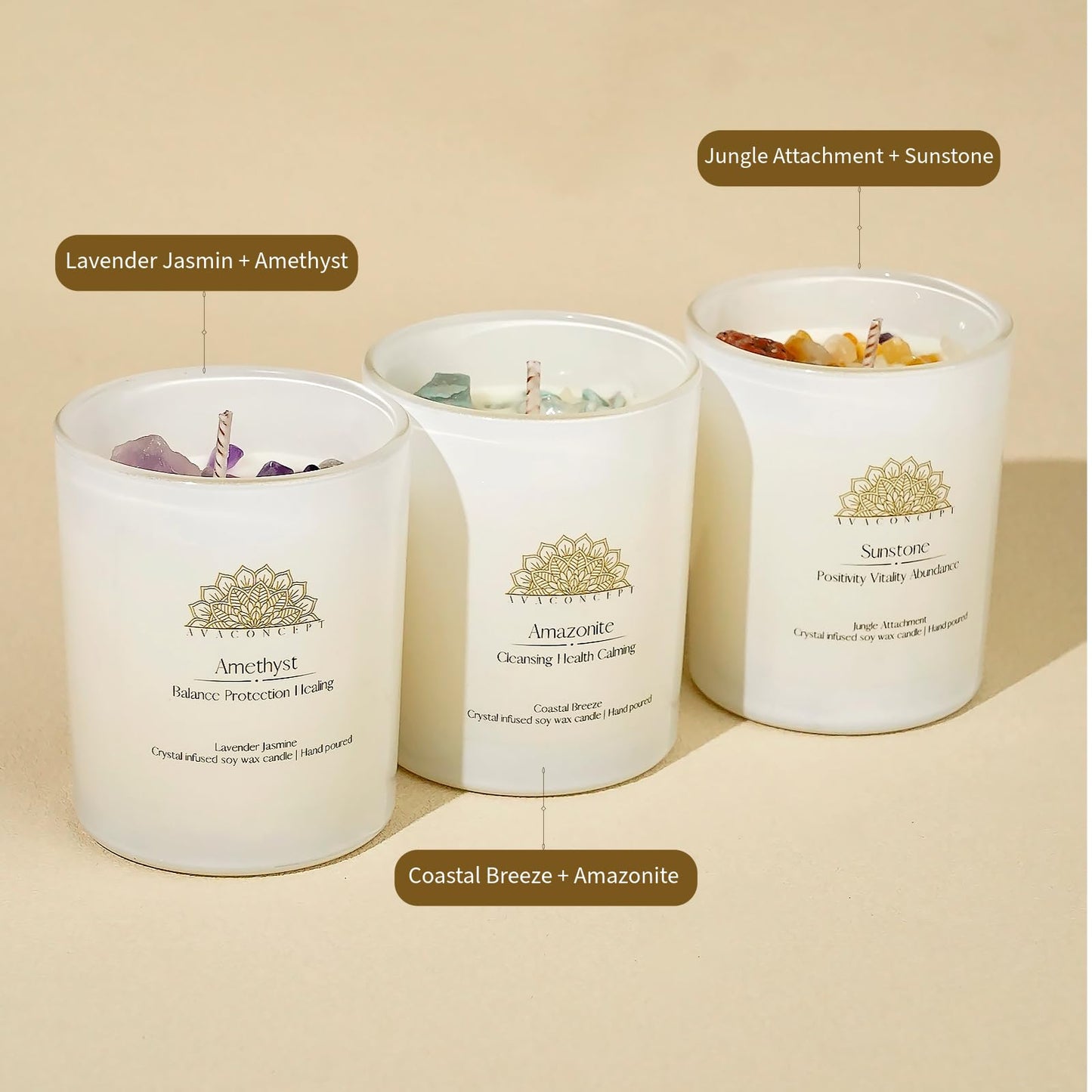 AvaConcept Healing Crystal Candle Gift Set – Set of 3 Amethyst, Amazonite & Sunstone Hand-Poured Soy Wax Lavender Jasmine, Coastal Breeze & Jungle Attachment Aromatherapy 3.5oz Each | Premium Gift Box