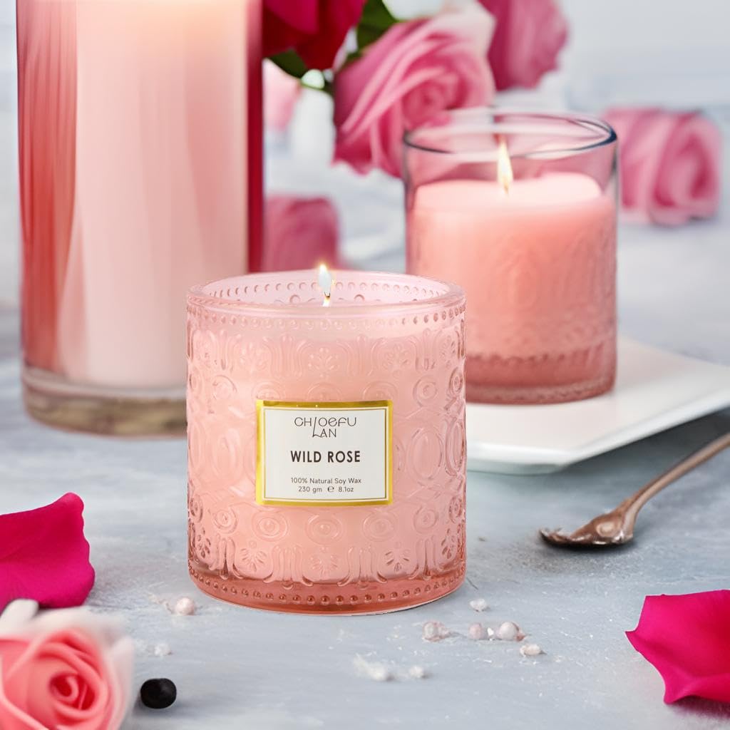 Chloefu LAN Wild Rose Candle, Mother Day Candles Gifts for Women, Luxury Jar Candle for Home Scented, Natural Soy Wax, Pink Candles for Home Scented, 55 Hours Long Burning, 8.1 oz