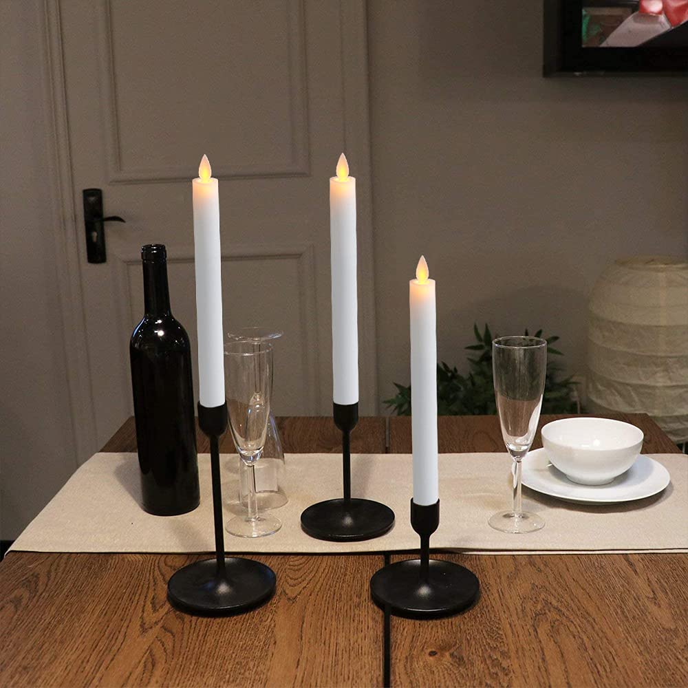 DRomance Flameless Flickering Taper Candles with 10-Key Remote and Timer Battery Operated White Real Wax LED Candlesticks Dinner Wedding Christmas Holiday Decor Candles(4 Pack, 0.78" D x 9.5" H)