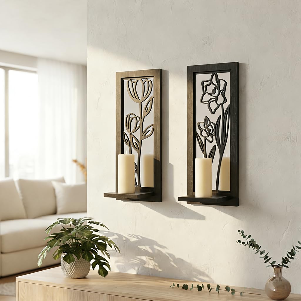 ZEXUIRU 2 Set Rustic Candle Sconces Living Room Bedroom Entryway Wood Mirrored, Farmhouse, Carved Frame Wall-Mount Wooden Candle Holders Wall Decor Hanging Handmade Holder - Black