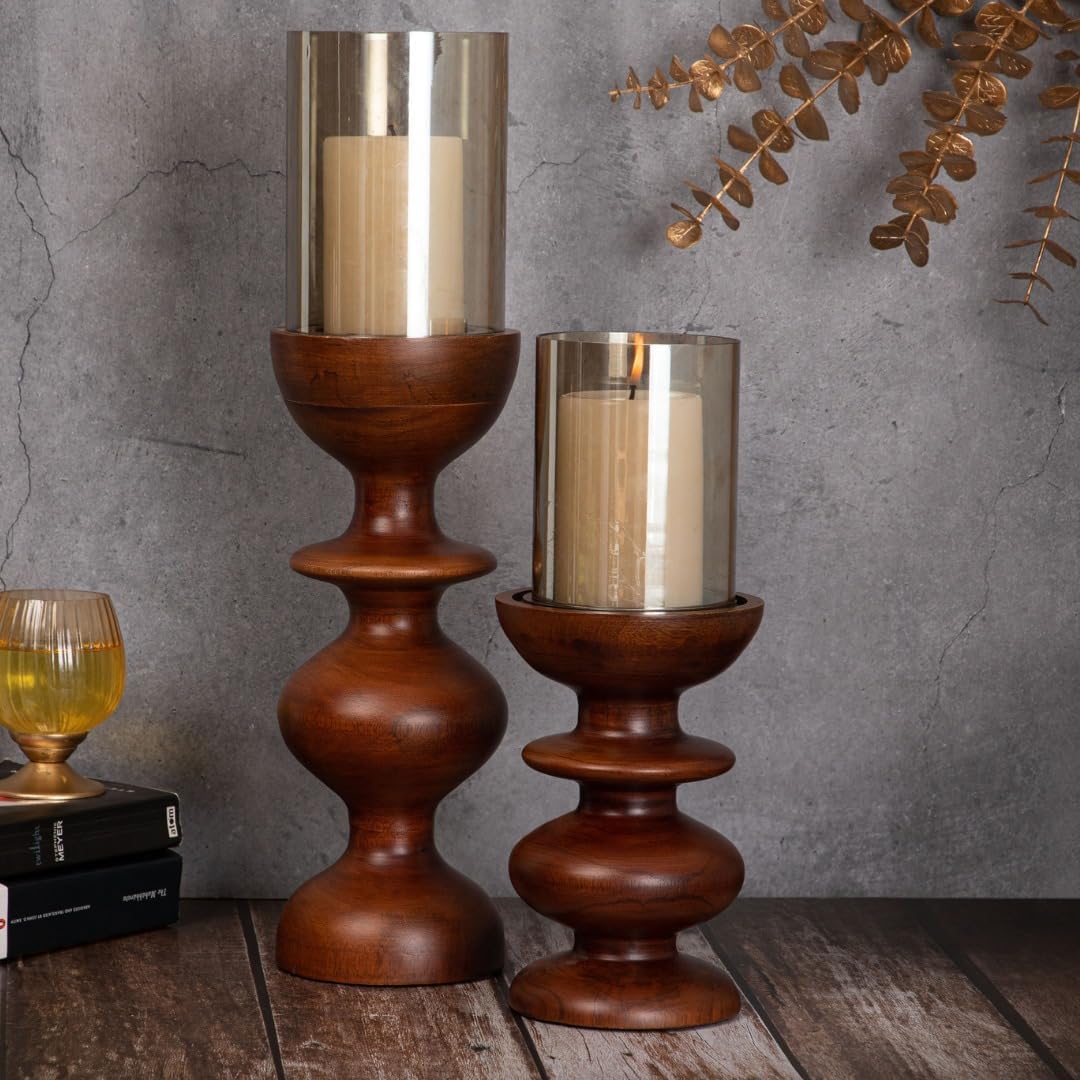 Dreamy Walls Wood Candle Holders, Set of 2 (Two Sizes) - Farmhouse Boho Pillar Candle Stands with Glass Covers, Handmade Wood Table Centerpiece Decor
