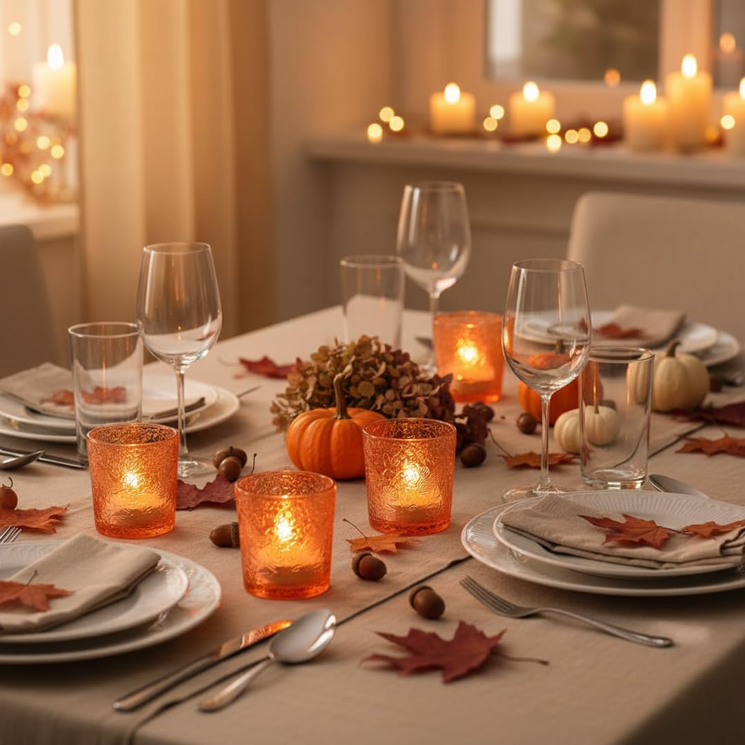 6 Pack Hummingbird Embossed Glass Candle Holders Votive Tealight Holders with Patent Design, Decorative Glass Cups for Wedding Centerpieces, Parties, and Home Decor (Pumpkin Spice)