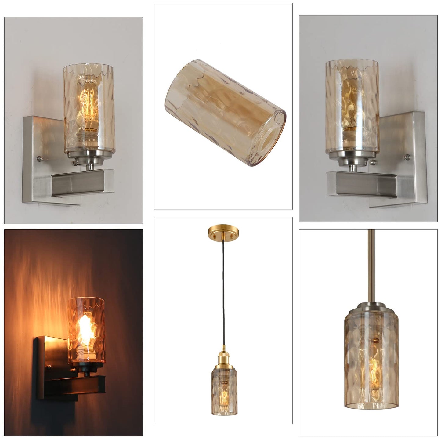 Voguad 2 Pack Hammered Glass Lamp Shade, Amber Colored Cylinder Light Fixture Shade Replacement, Water Ripple Globe for Chandelier, Wall Sconce, Pendant Light, 1 5/8 inch Fitter