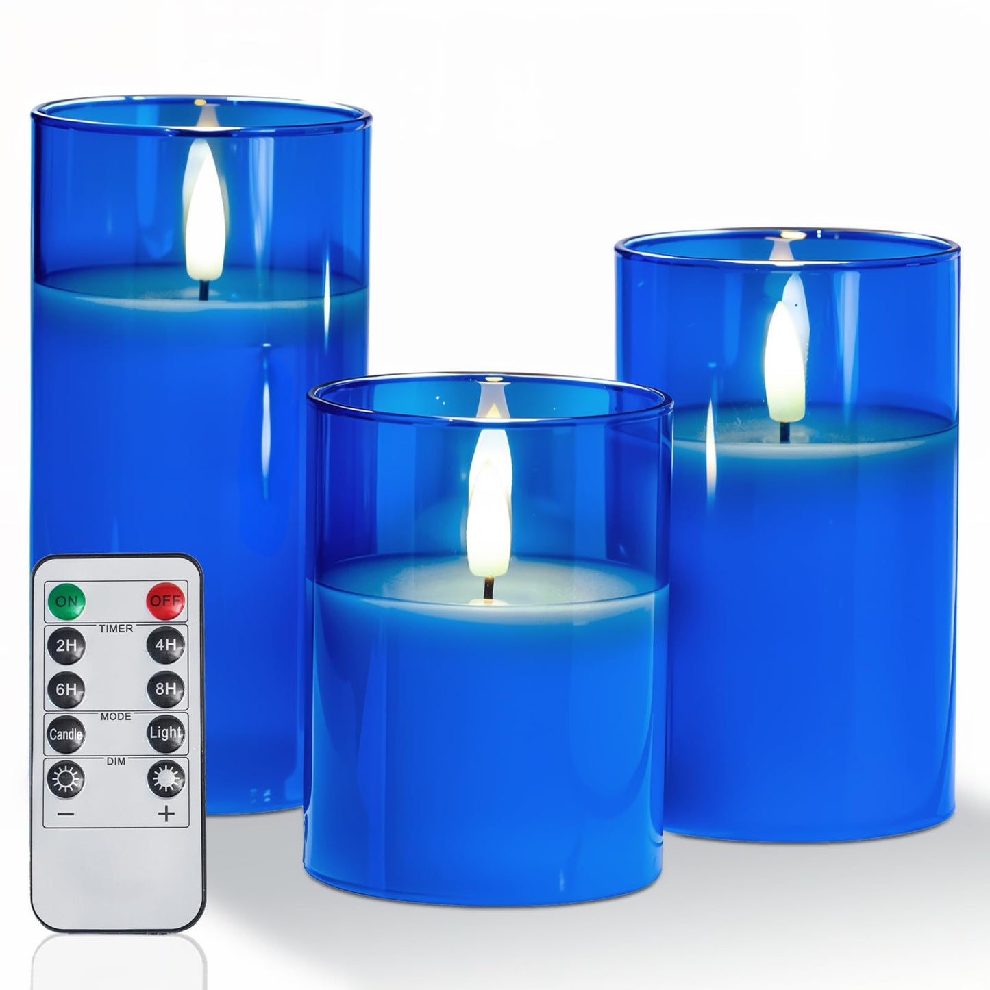 Amagic Blue Glass Flameless Candles with Remote, Battery Operated Candles, Real Wax LED Candles with Timer, Flickering Fake Pillar Candle for Theme Party, Hanukkah Holiday Decor, 3D Wick, Set of 3