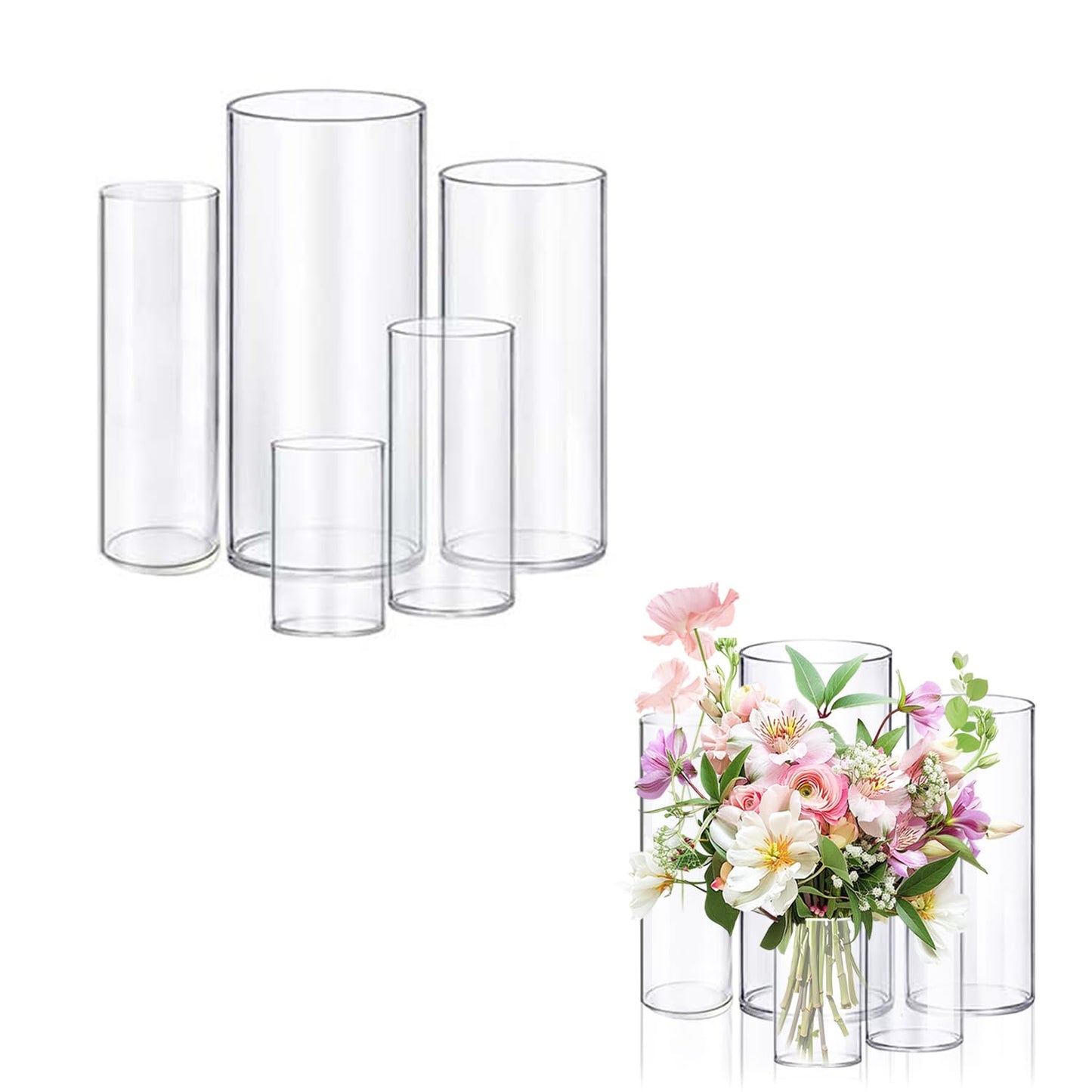 5pcs Glass Vase Cylinder Vases for Centerpieces Small Flower Glass Vases Home Decor Centerpiece Table Clear Flower Vase Decorations for Wedding＆Holiday 4,6,7.5,8,10 Inch Tall