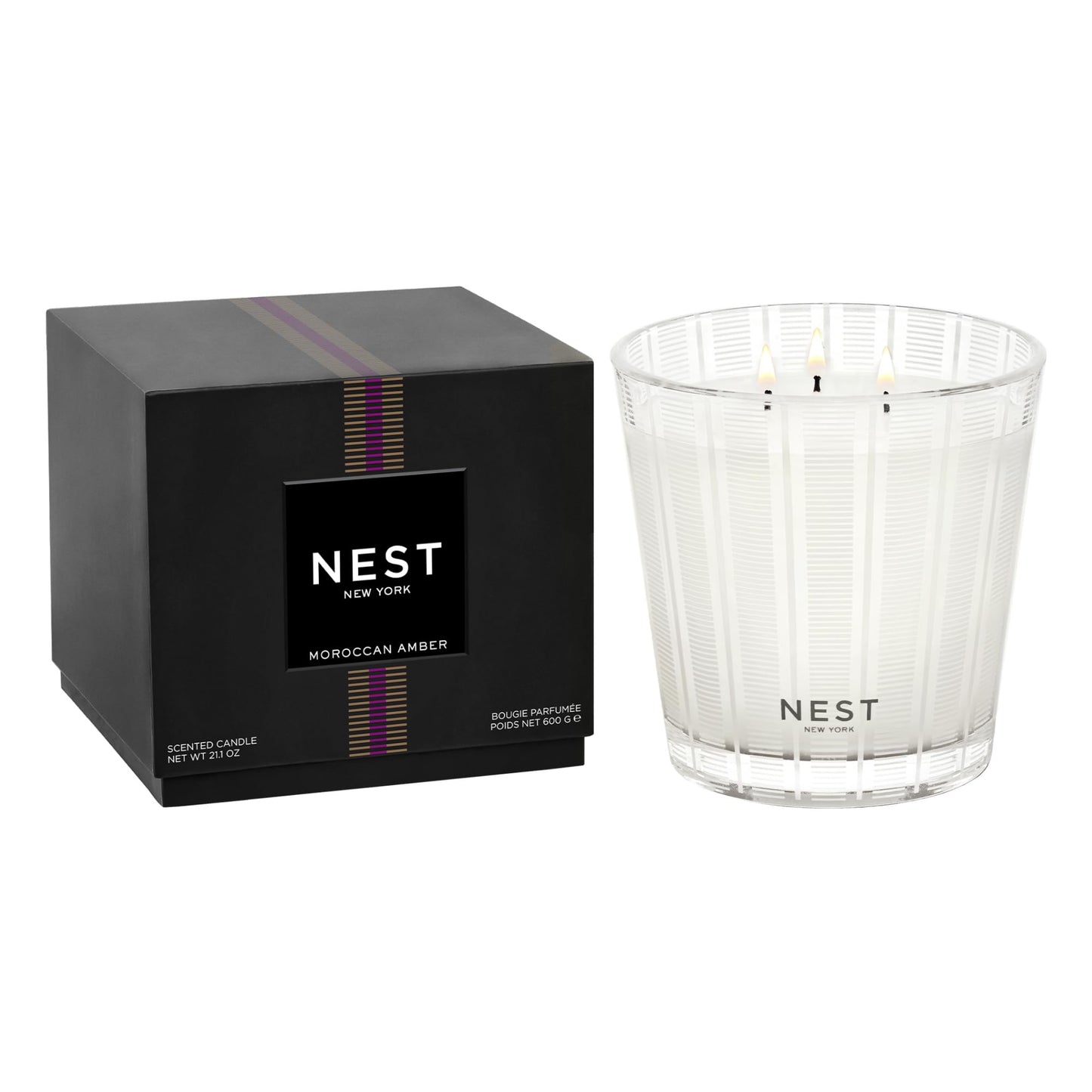 NEST New York Scented 3-Wick Candle, Moroccan Amber - 21.2 oz - Up to 100-Hour Burn Time - Reusable Glass Vessel