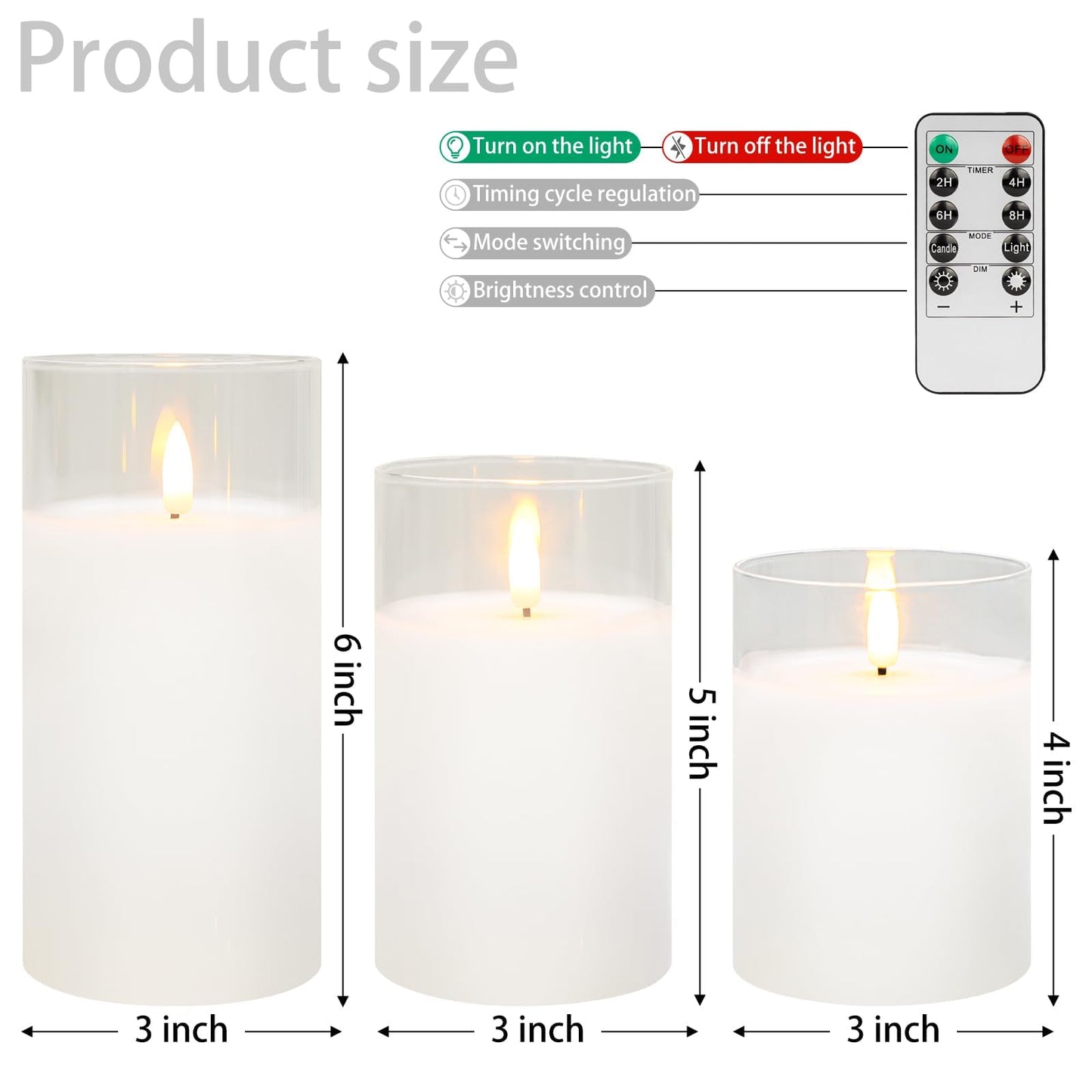 Mingfuxin Clear Glass Flickering Flameless Candles with Remote, White Wax Battery Operated LED Pillar Candle with Timer for Party Wedding Decoration, Set of 3