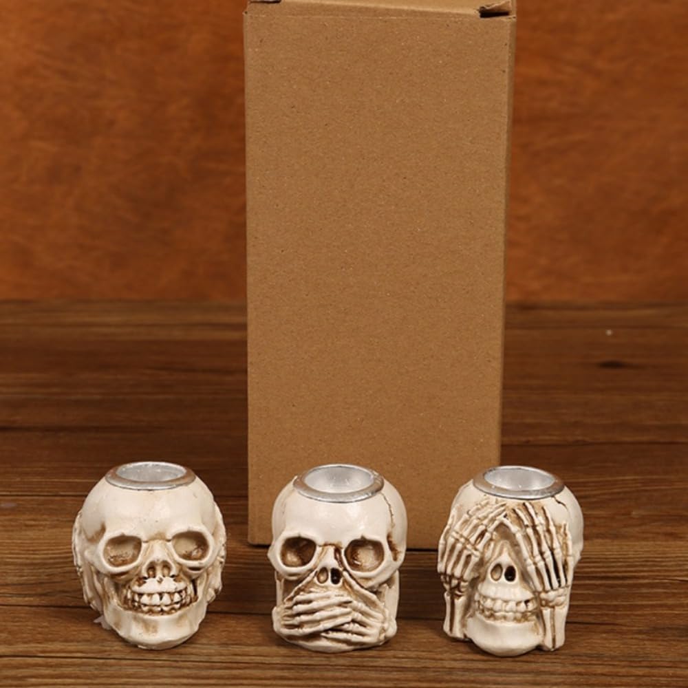 Christmas Skull Candle Holders Set of 3 – Gothic Skeleton Head Xmas Decorations for Spooky Home Décor, Haunted House, Party Centerpiece, Horror Candle Holder Gifts