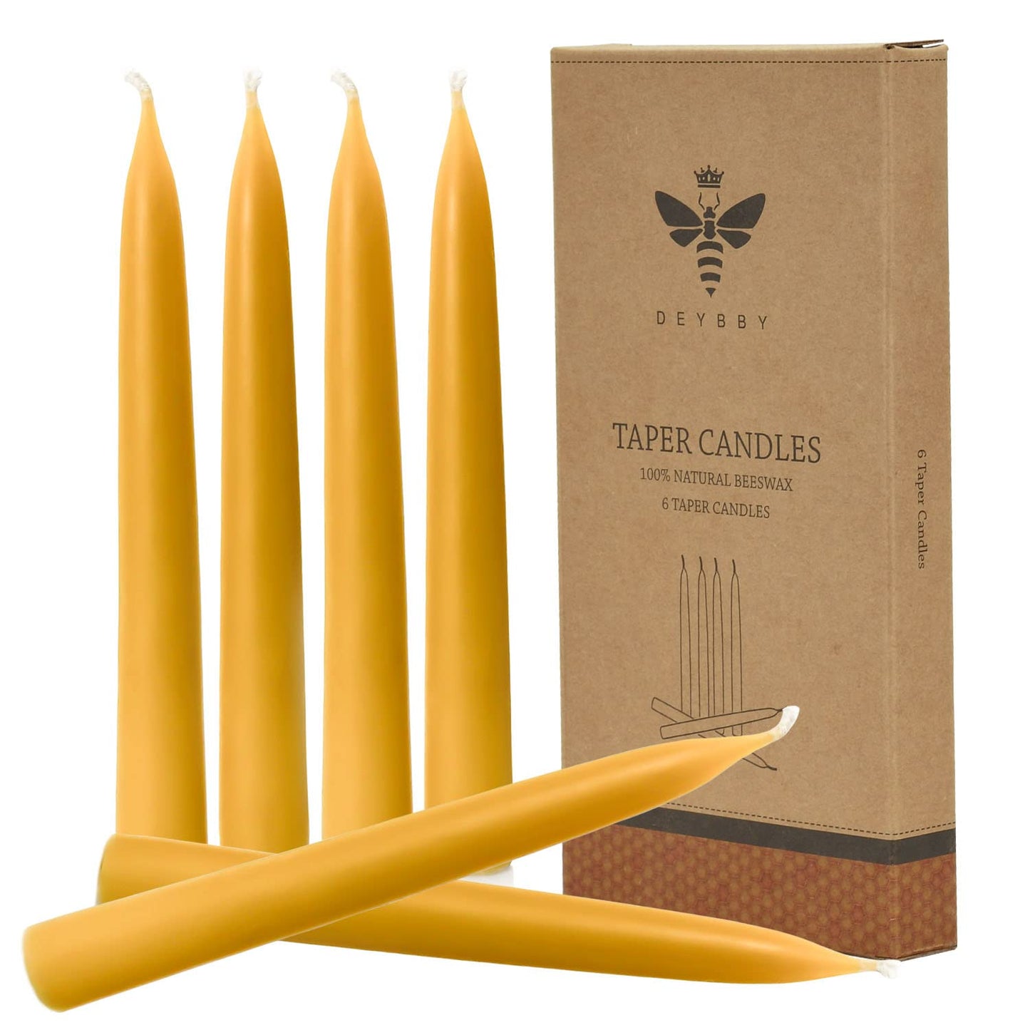 8 inch Natural Beeswax Taper Candles Set of 6, DEYBBY Smokeless and Dripless Organic Natural Beeswax Candles for Home Dinner Decor Emergency Housewarming Gift, Long Lasting Burning, Nontoxic