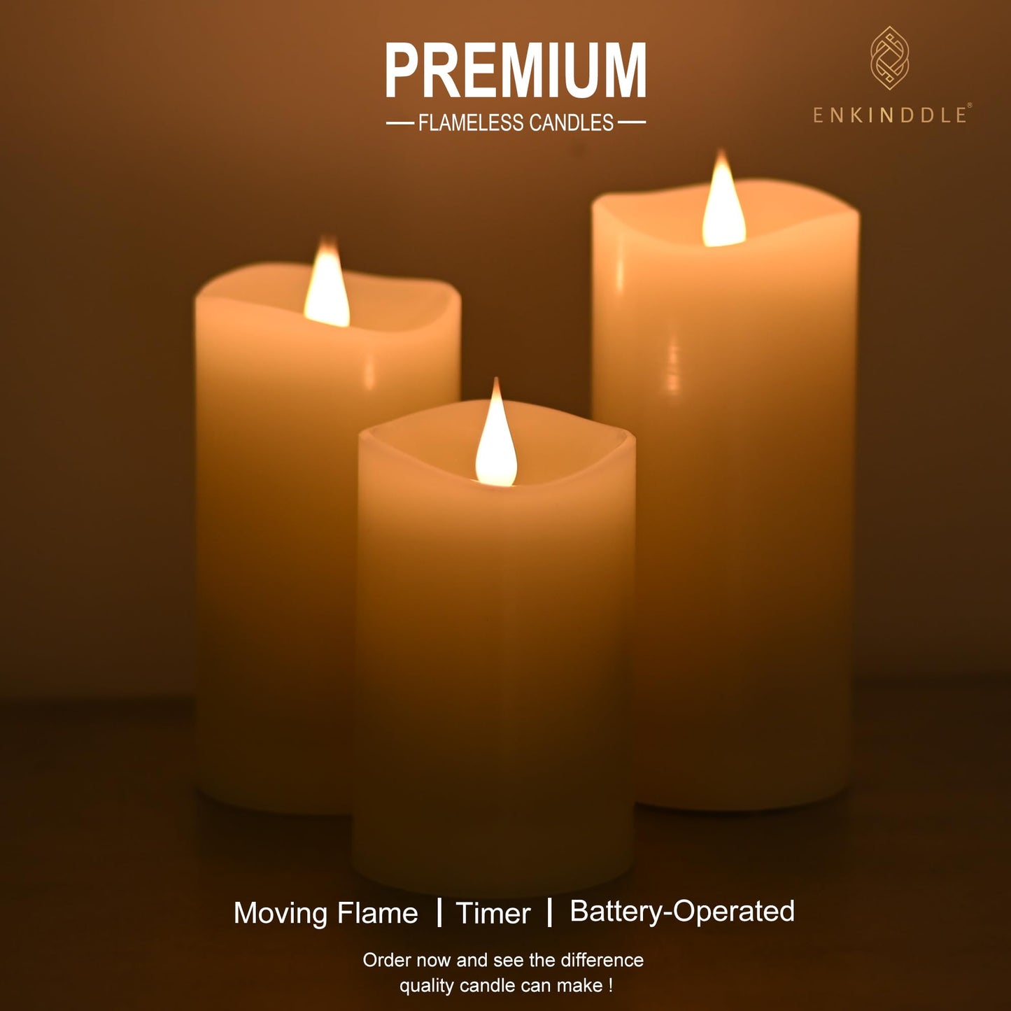 ENKINDDLE Tall Flameless Candles with Timer, 3D Moving Flame LED Pillar Candle, Real Wax Flickering Candle, Battery Operated, Ivory 3"x7" for Fireplace & Living Room Decor