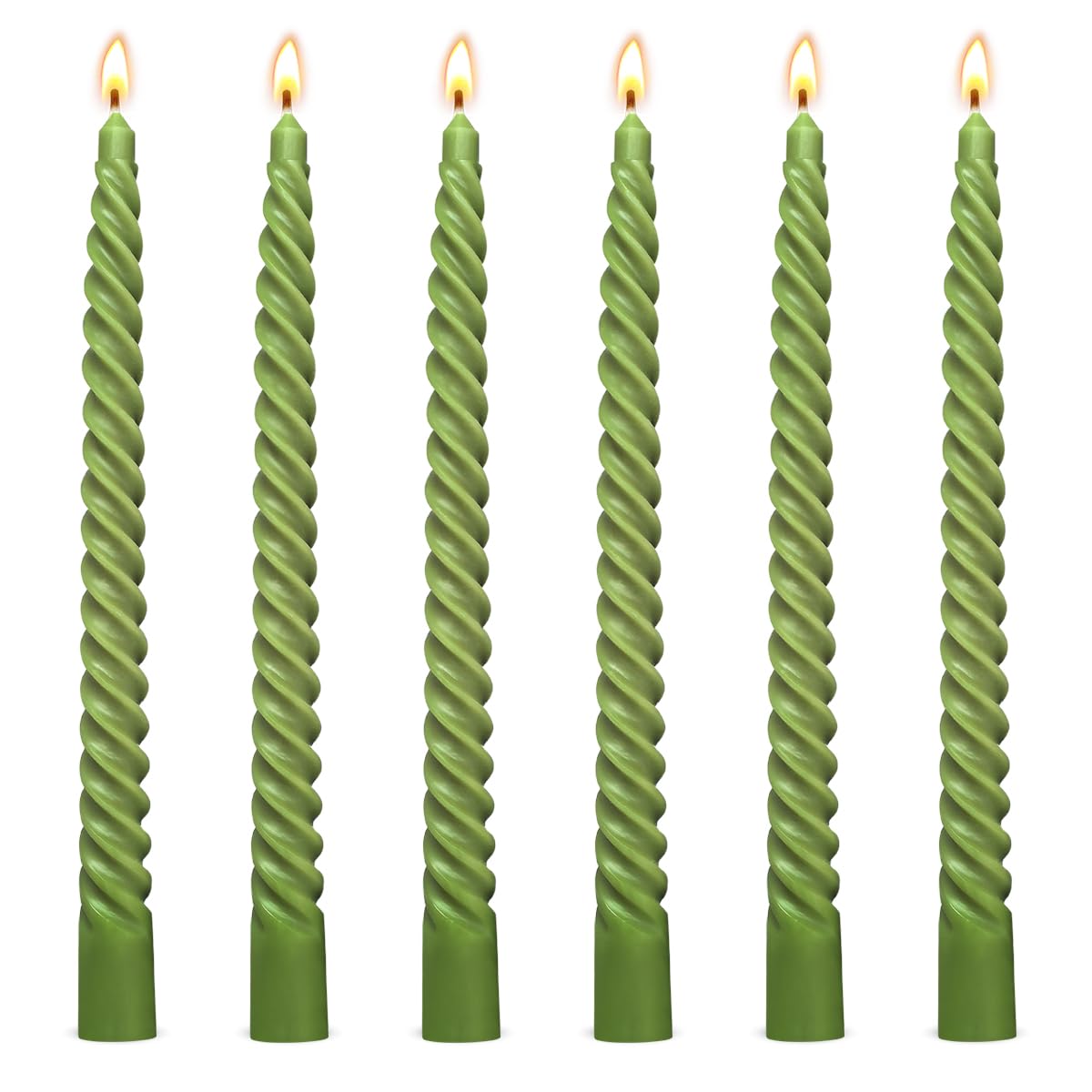 6 Pack 10 Inch Olive-Green Spiral Taper Candles for Christmas and Spring Home Decoration, Unscented Dripless Twisted Candlesticks for Dinner St. Patrick's Day Earth Day and Garden Parties