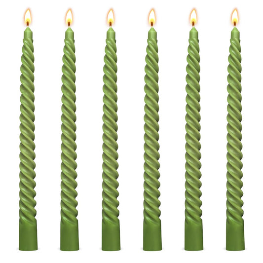 6 Pack 10 Inch Olive-Green Spiral Taper Candles for Christmas and Spring Home Decoration, Unscented Dripless Twisted Candlesticks for Dinner St. Patrick's Day Earth Day and Garden Parties