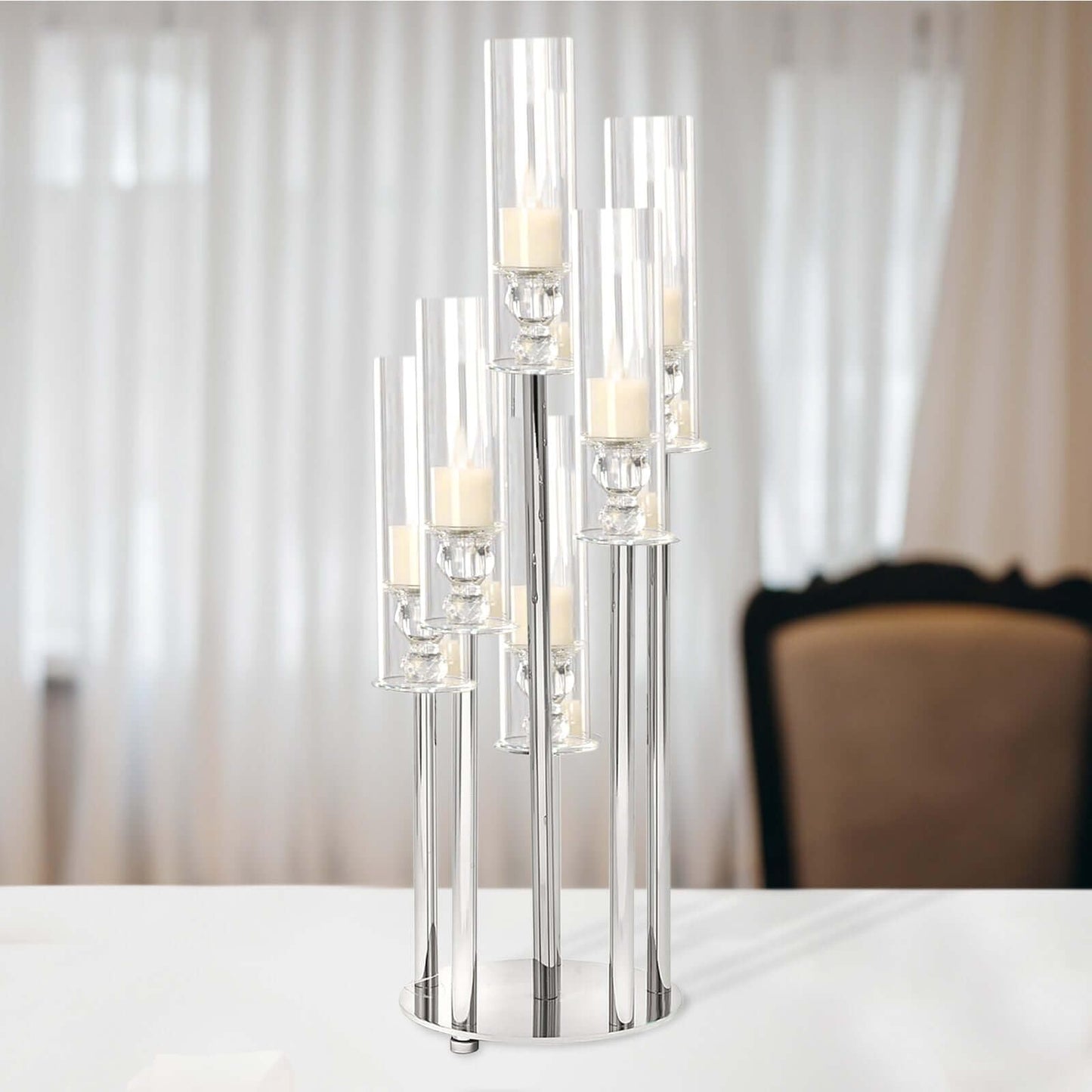 Efavormart 33" Tall - 7 Arms Clear Crystal Cluster Round Candelabra, Pillar Candle Holders with Mirror Base - Perfect for Birthdays, Weddings, Table Decoration, Event Decoration, and Centerpieces