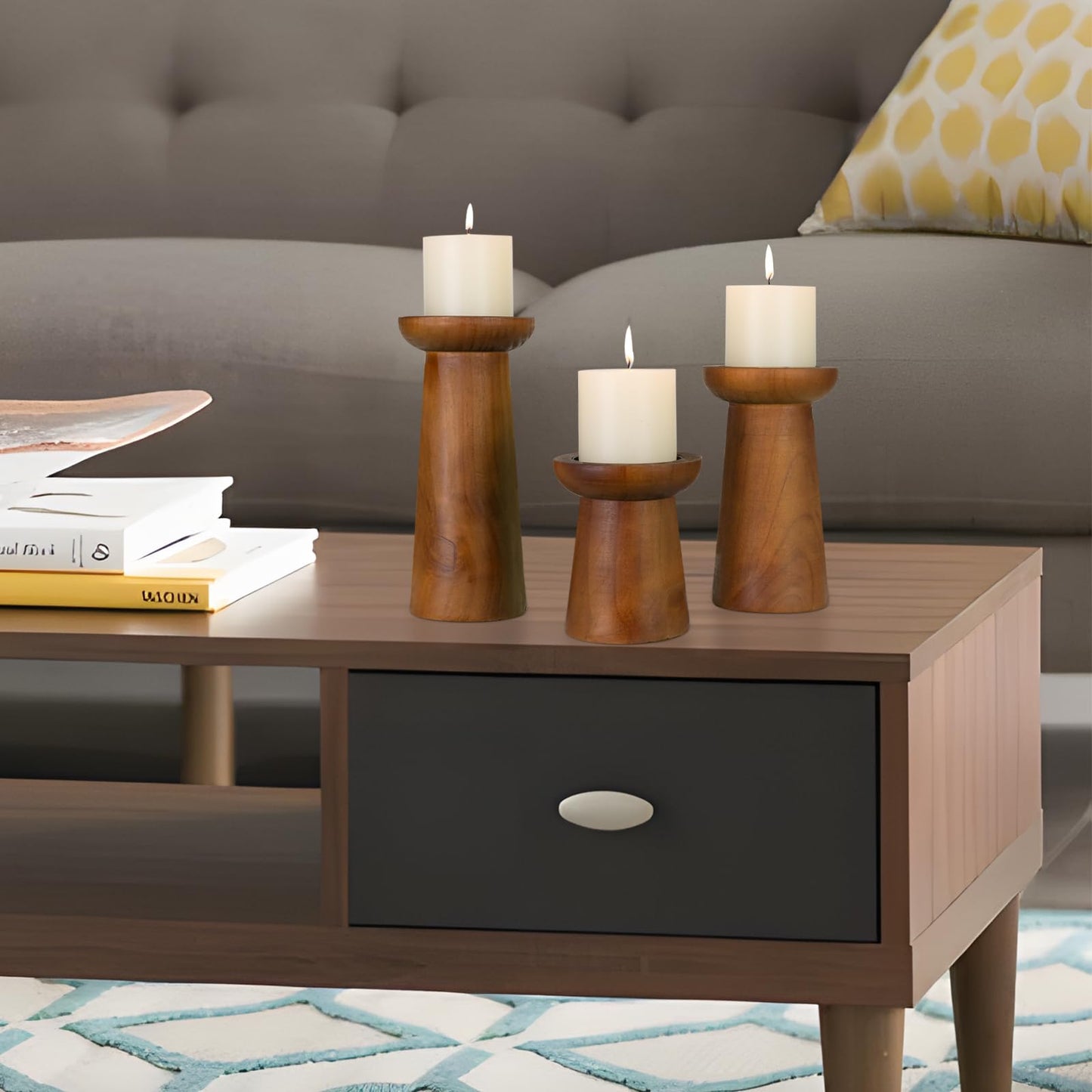 Pillar Candle Holders Set of 3， Wooden Candle Holders， Decorative Wood Candlestick Holders for Living Room, Table Centerpiece for Wedding, Christmas, Party, Home - 4", 6", 8"