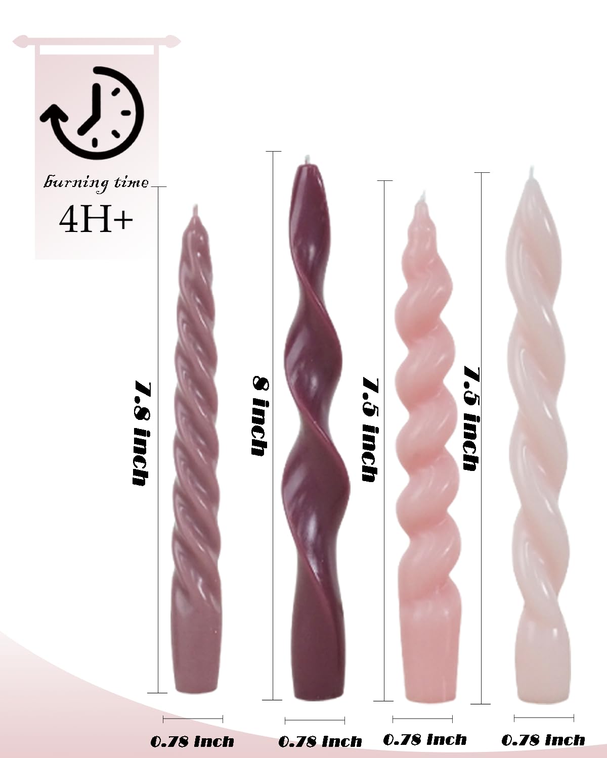 Pink Spiral Taper Candles Short Candle Sticks Unscented Smokeless Twisted Candlesticks for Christmas Table Decor Holiday Dinner Party-7.5inch-4pack