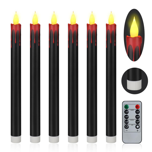 wemarry Flameless Taper Candles 10.6" Dripless Battery Operated Taper Candles Included Remote Timer 400+ Hours by 2AA Batteries for Halloween Christmas Wedding (Black+Burgundy, 6 Pack)