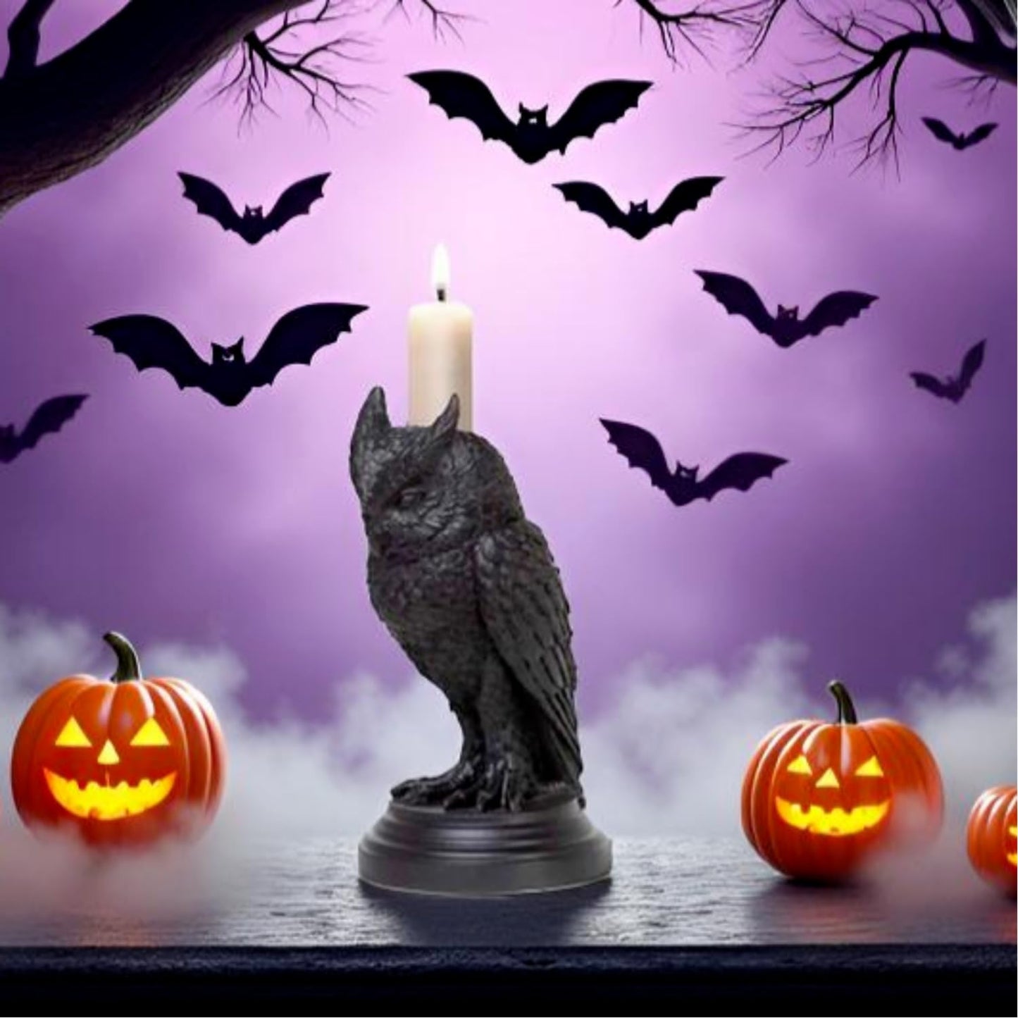 Gothic Black Owl Candle Holder Statue,Resin Cat Candlestick Holder,Halloween Gothic Tabletop Decor for Home,Dining Table & Party,Witchy Cat Figurine Gift (owl)