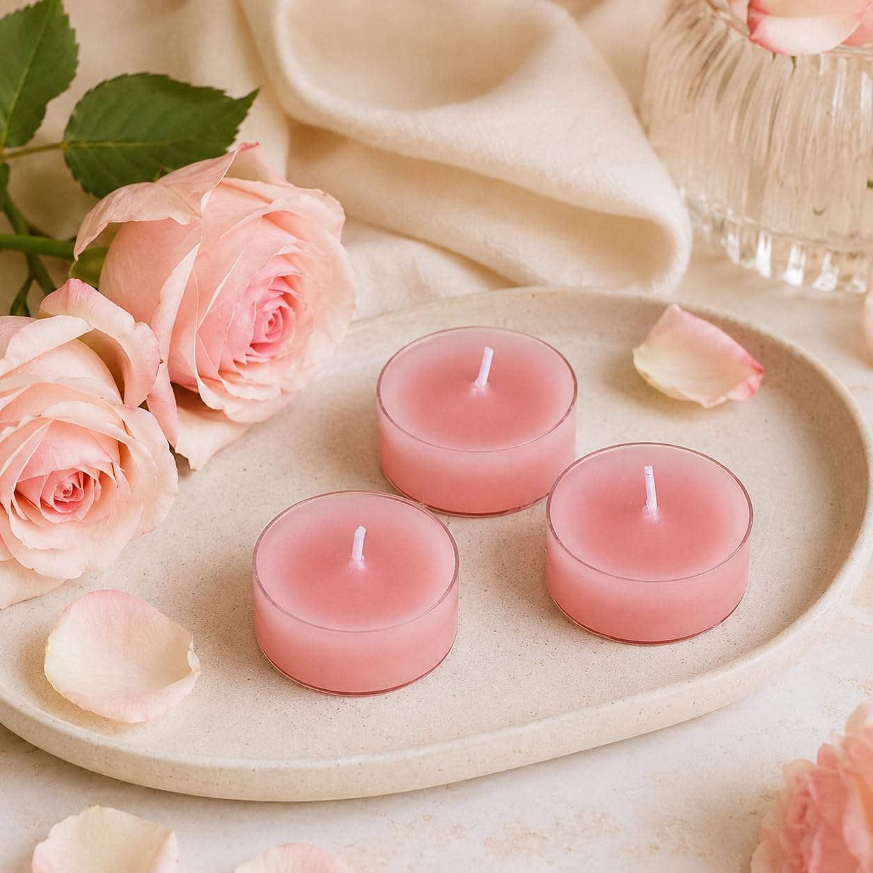 FCMSHAMD Rose Scented Tealight Candles, 24 Pack Pink Tea Lights, 6 Hour Burn Time, Modern Floral Theme, Dripless & Smokeless