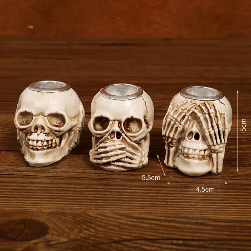 Christmas Skull Candle Holders Set of 3 – Gothic Skeleton Head Xmas Decorations for Spooky Home Décor, Haunted House, Party Centerpiece, Horror Candle Holder Gifts