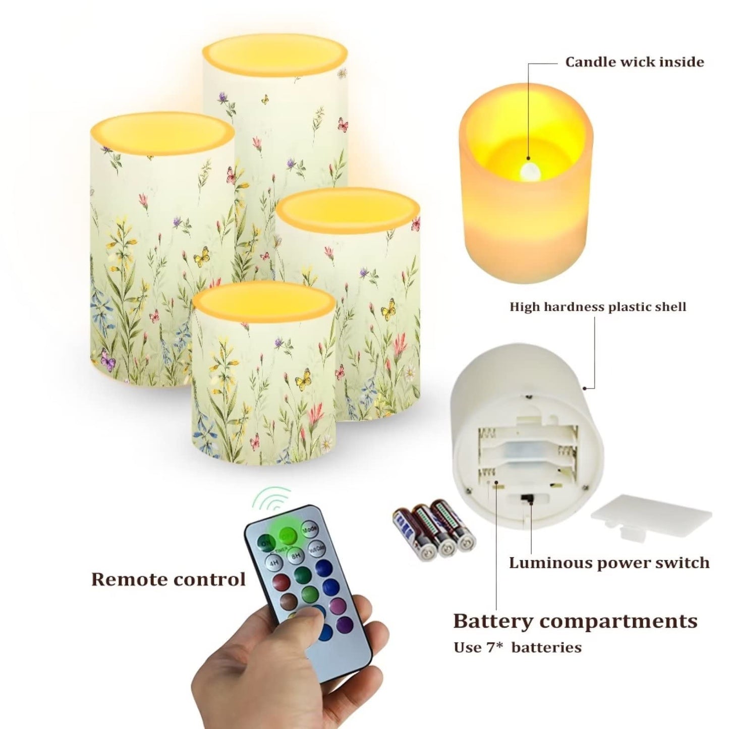 NETILGEN LED Flickering Candles Battery Operated Candles Set of 4 with Remote Control Timer Dancing Flame Pillar Candles Home Table Decoration, Floral Green