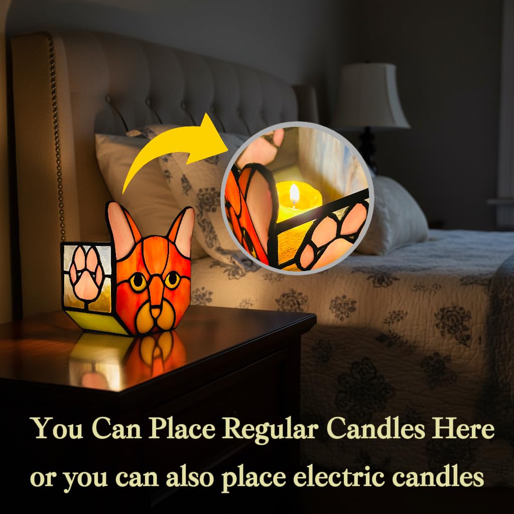 Entlityful Stained Glass Cat Tea Light Holder, Orange Cat Decorative Candle Holder, Handcrafted Animal Design for Home Decor,Cute Plant Pots,Cat Lover Gift