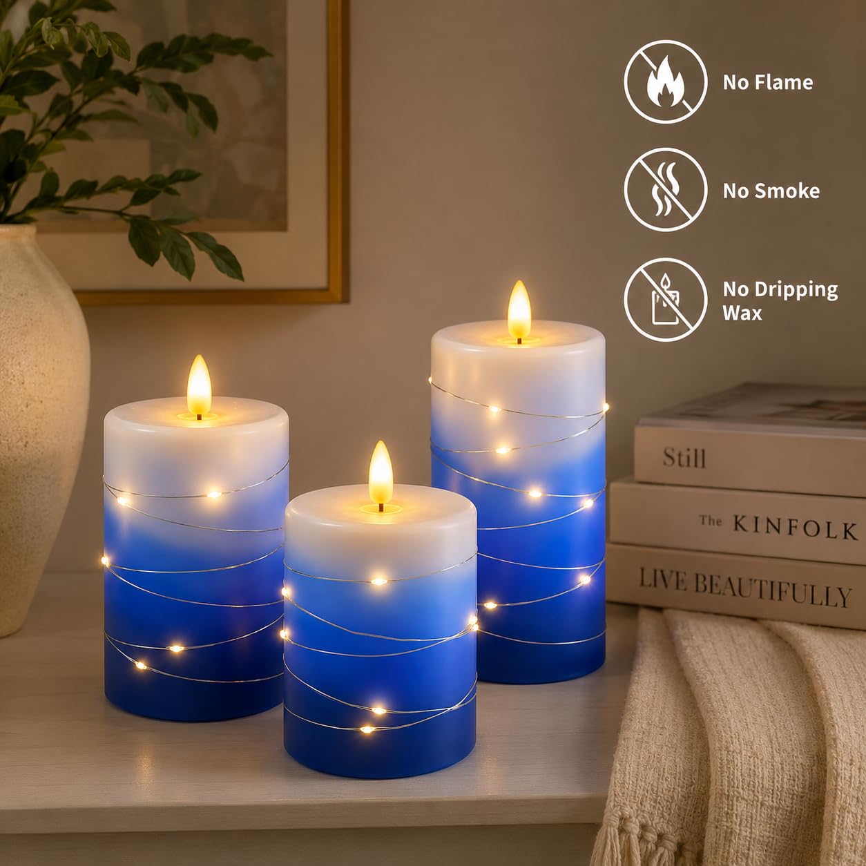haitanghua flameless Candle Set of 3, with Fairy Light String, Remote Control Timer, Real Wax LED Candle Pillars, 3D Flame Effect, Battery Operated, Gradient Blue Home Decor Candles